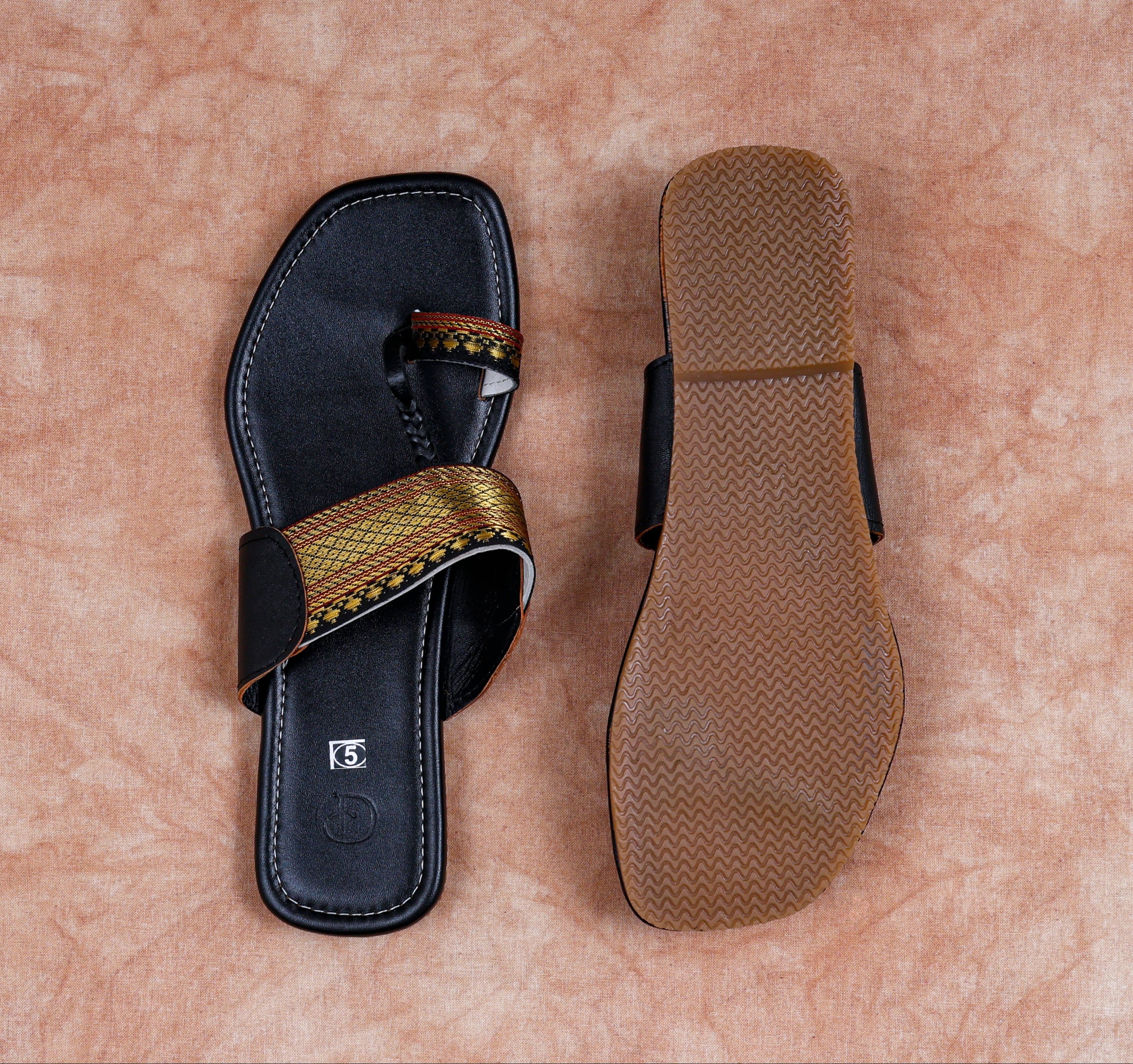 Black Leather Open Toe Ethnic Flats