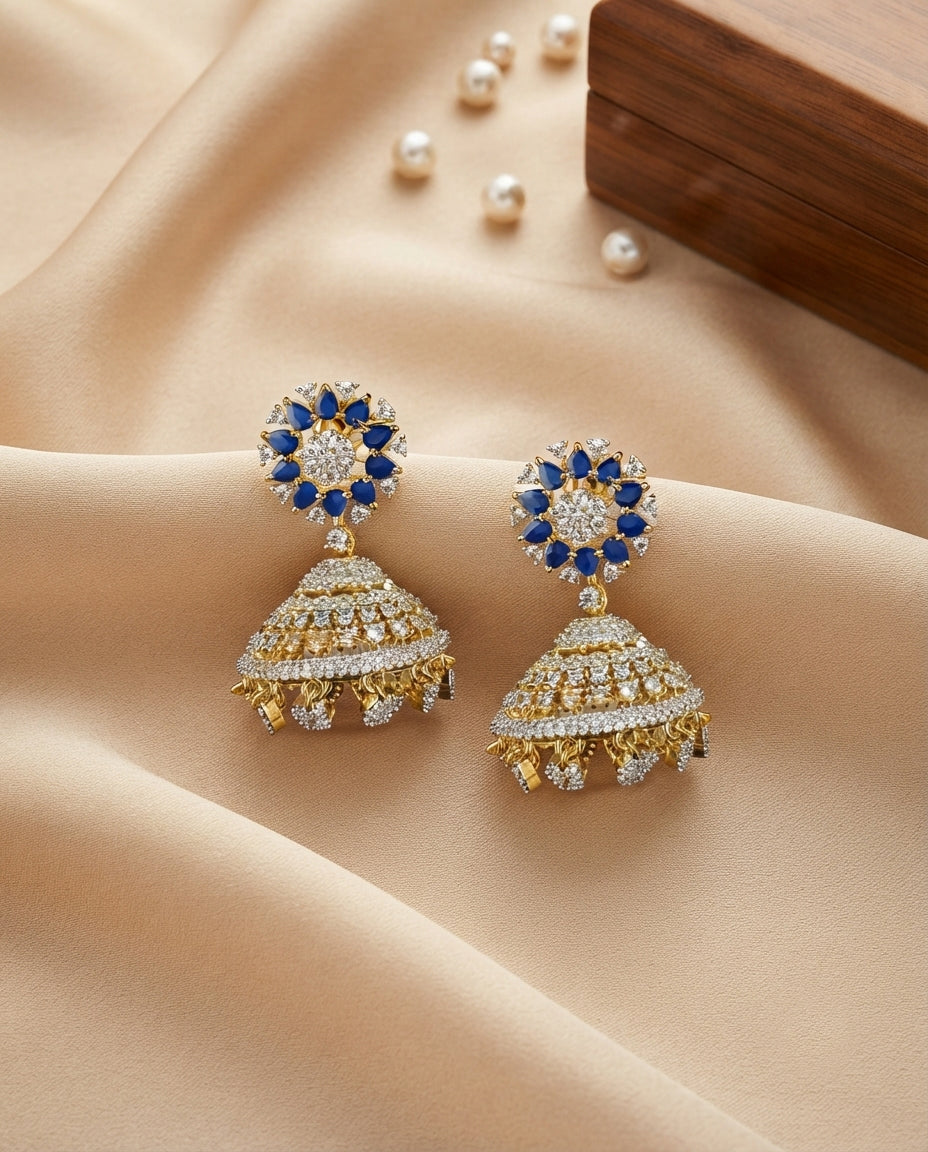 Blue Stones and  White CZ Flower jumkas