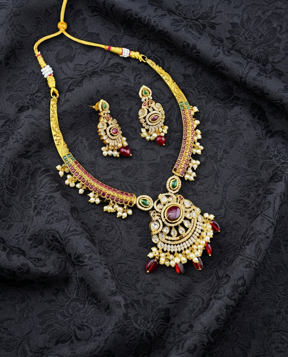 Elegant Red Stone Kante Necklace Set