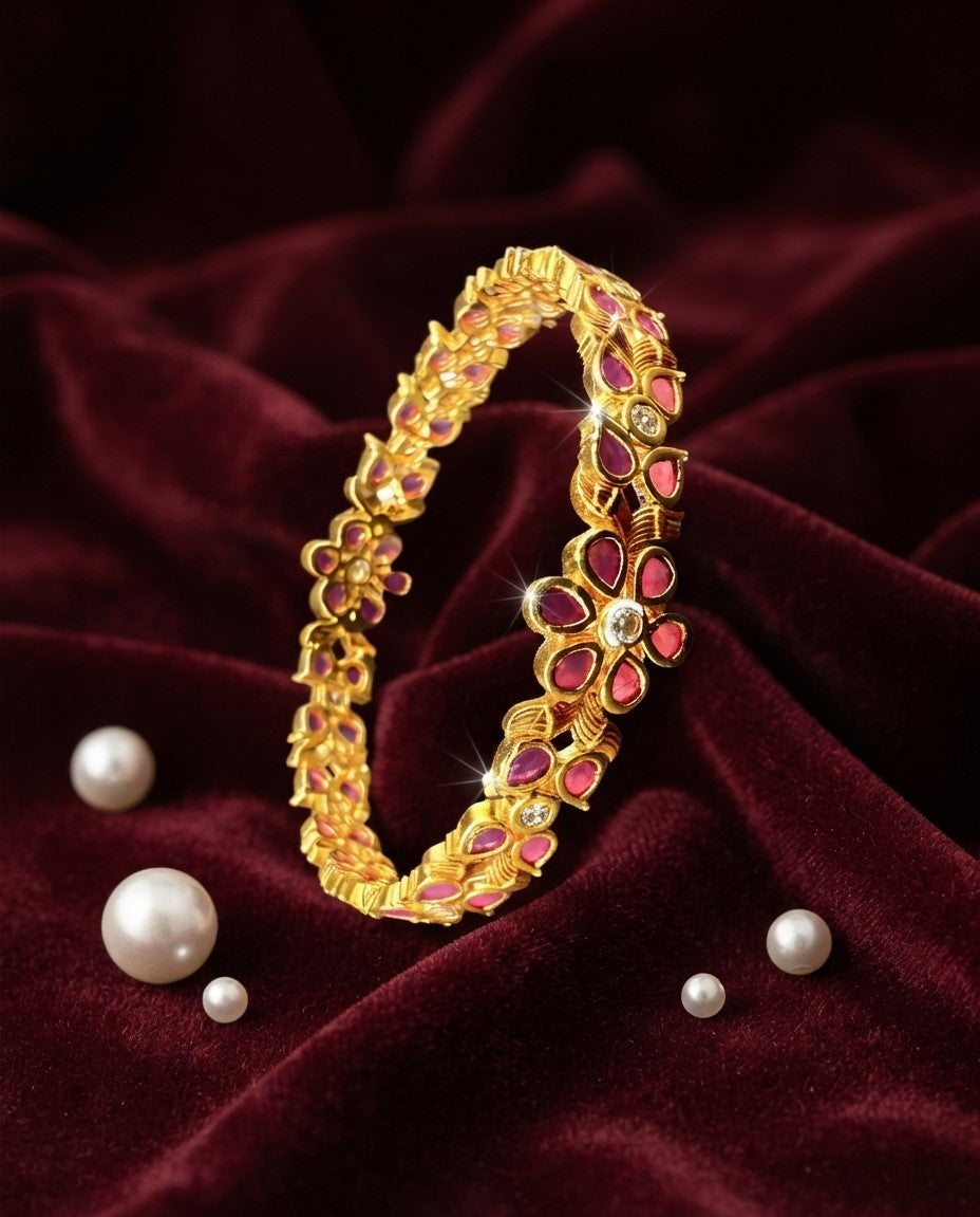 Floral Pink Drop Stone Bangles