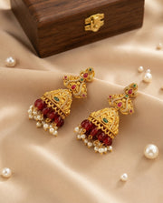 Jhumkas with CZ Accents and Red Stone Drops