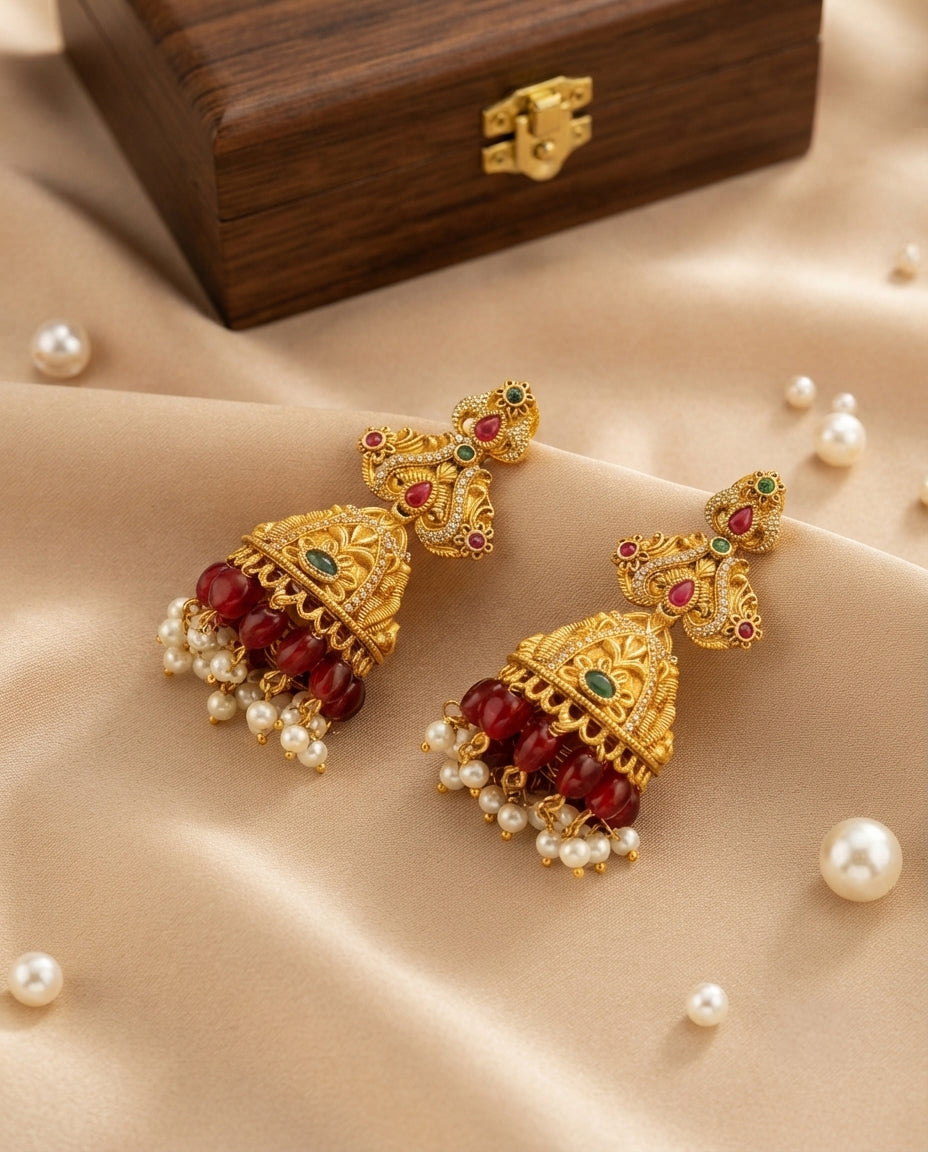 Jhumkas with CZ Accents and Red Stone Drops