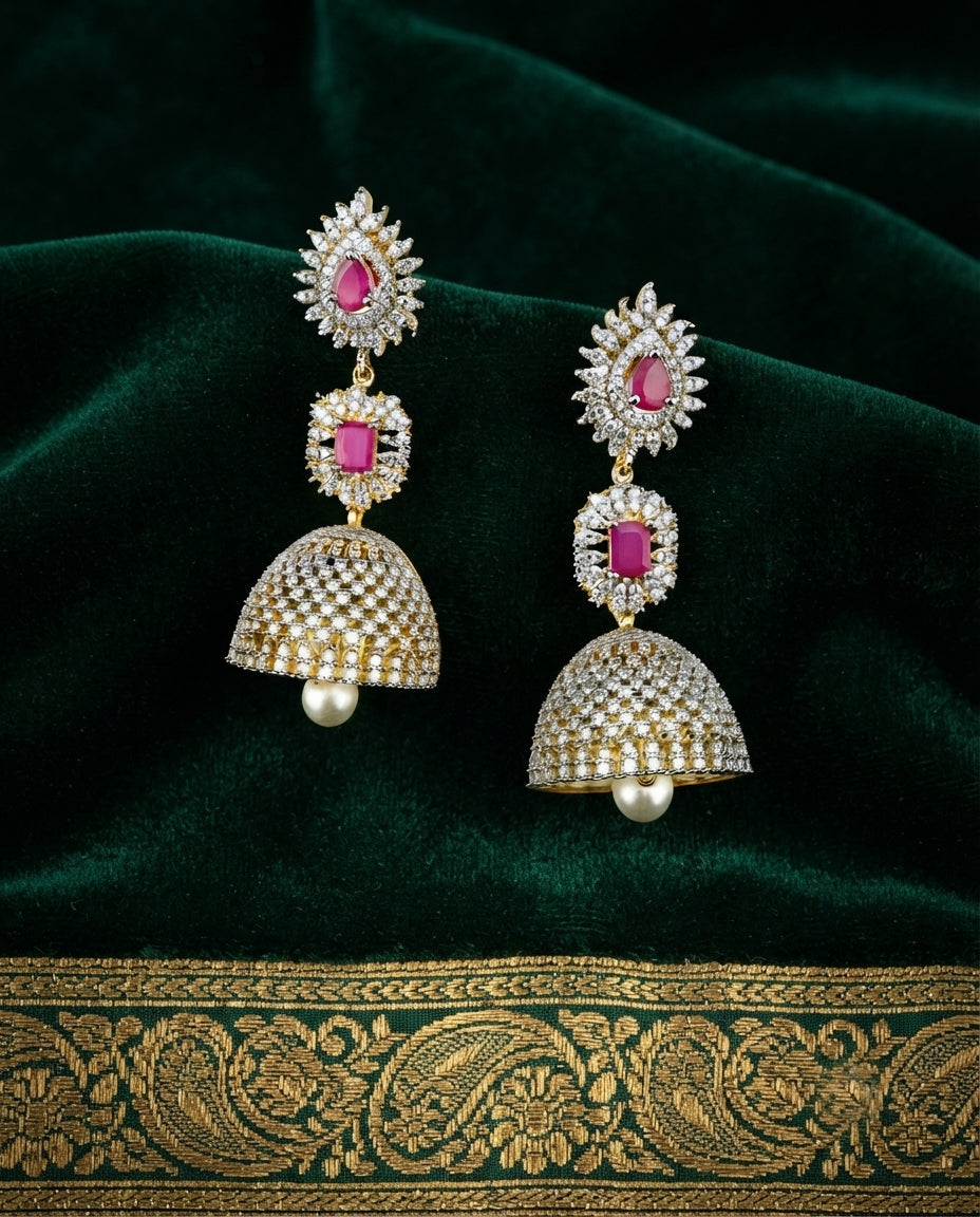 Jhumkas with White CZ and Pink Stones