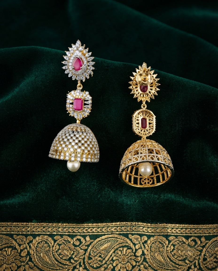 Jhumkas with White CZ and Pink Stones