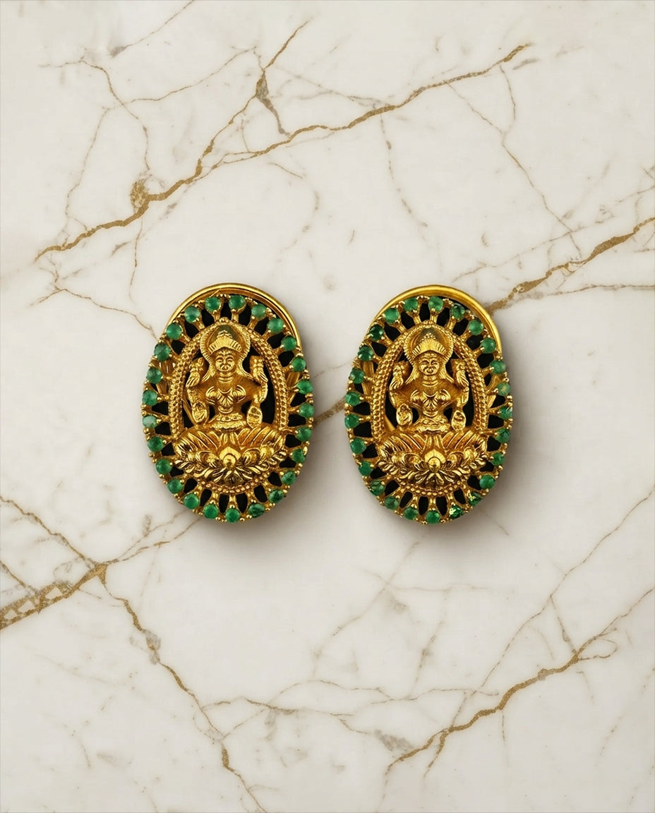 Laxmi Devi Studs with Green Stones
