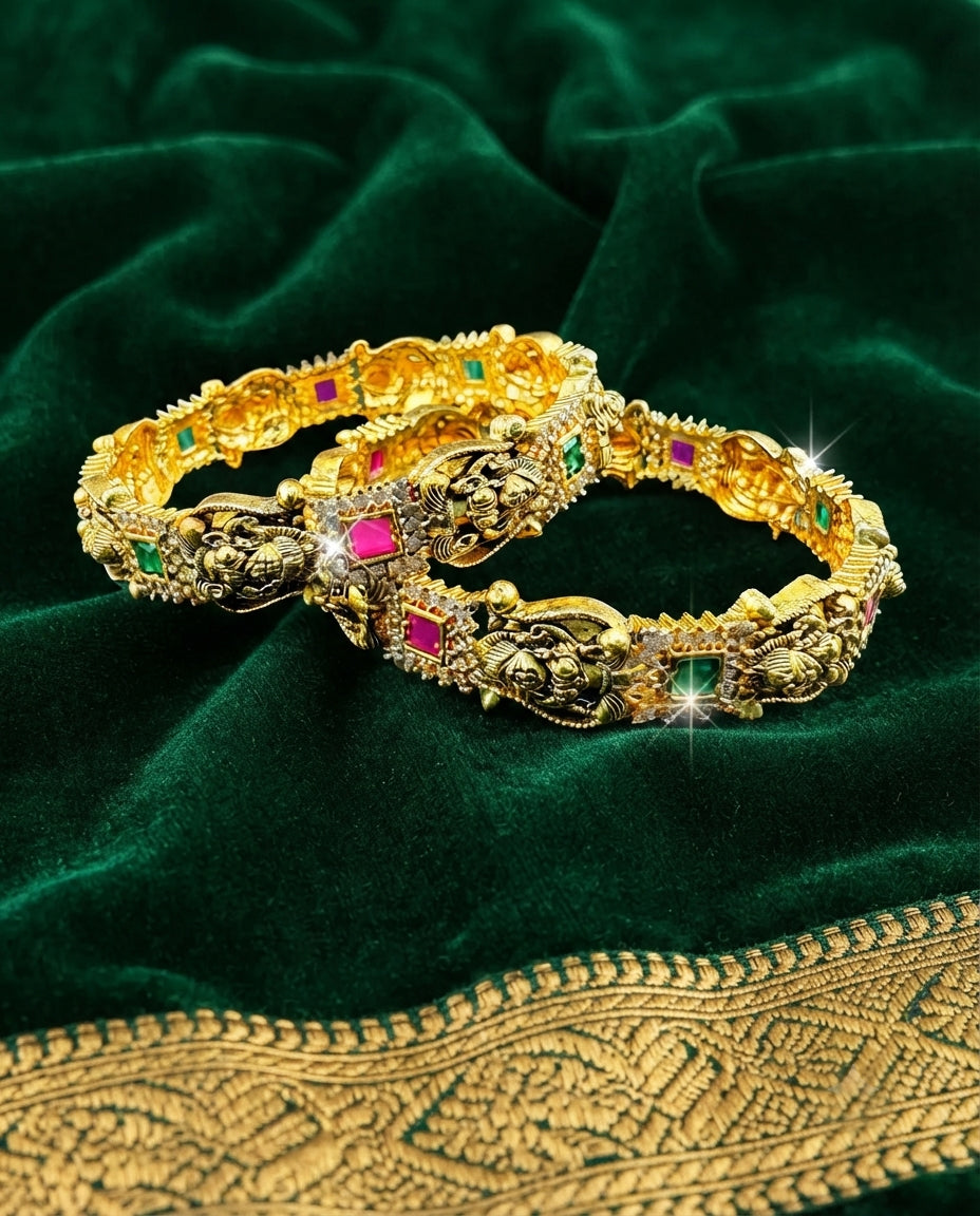 Laxmi Motif Bangles With Pink Stone Accents