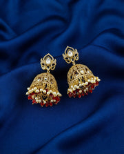 Red Beaded Jhumkas with CZ Accents