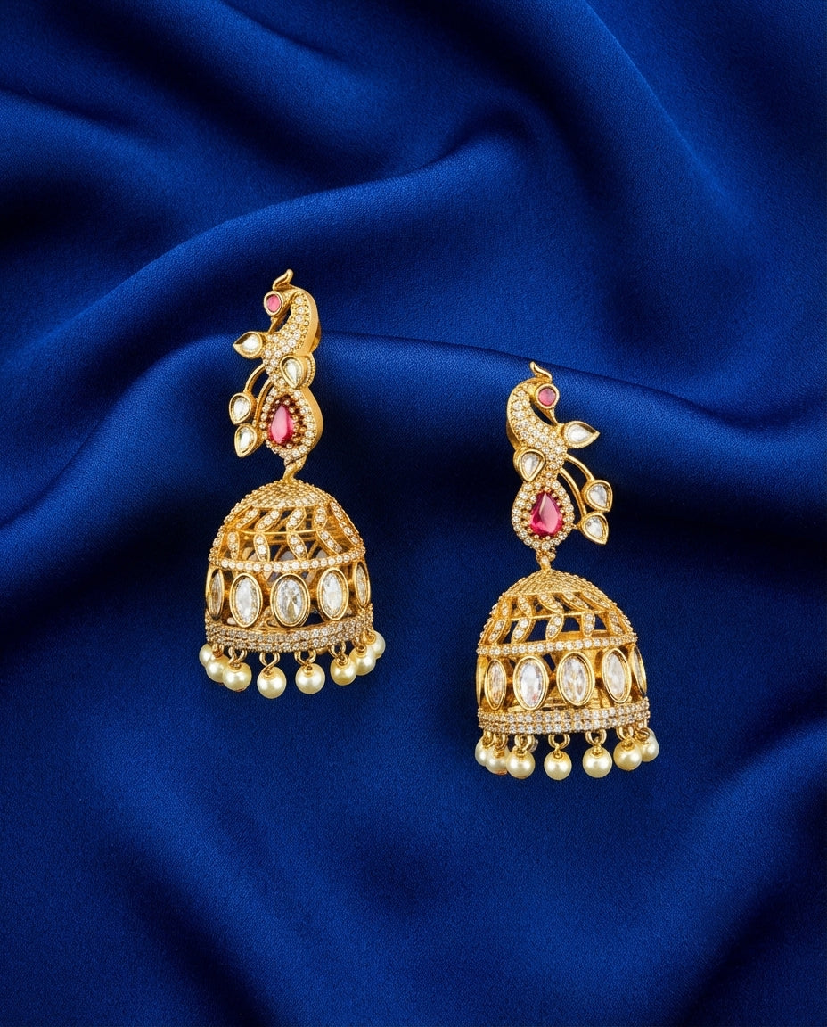 Regal Peacock Jhumkas with Pearl Drops