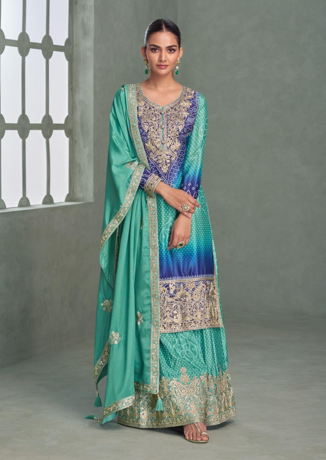 Bandini Sharara Set With Golden Chamki Embroidery