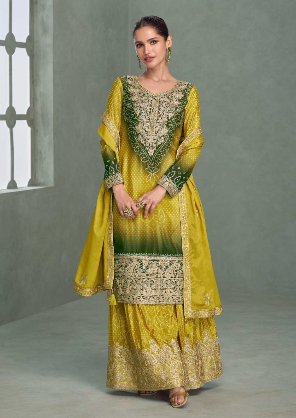 Bandini Sharara Set With Golden Chamki Embroidery
