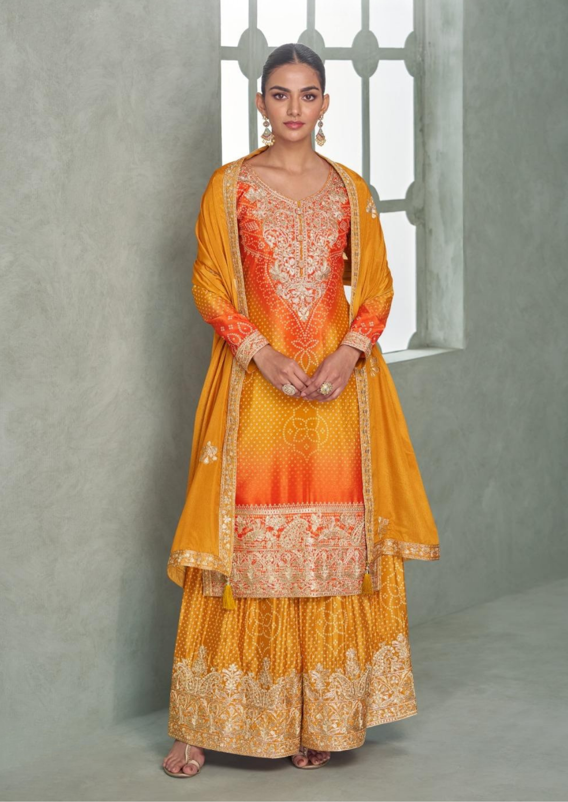 Bandini Sharara Set With Golden Chamki Embroidery