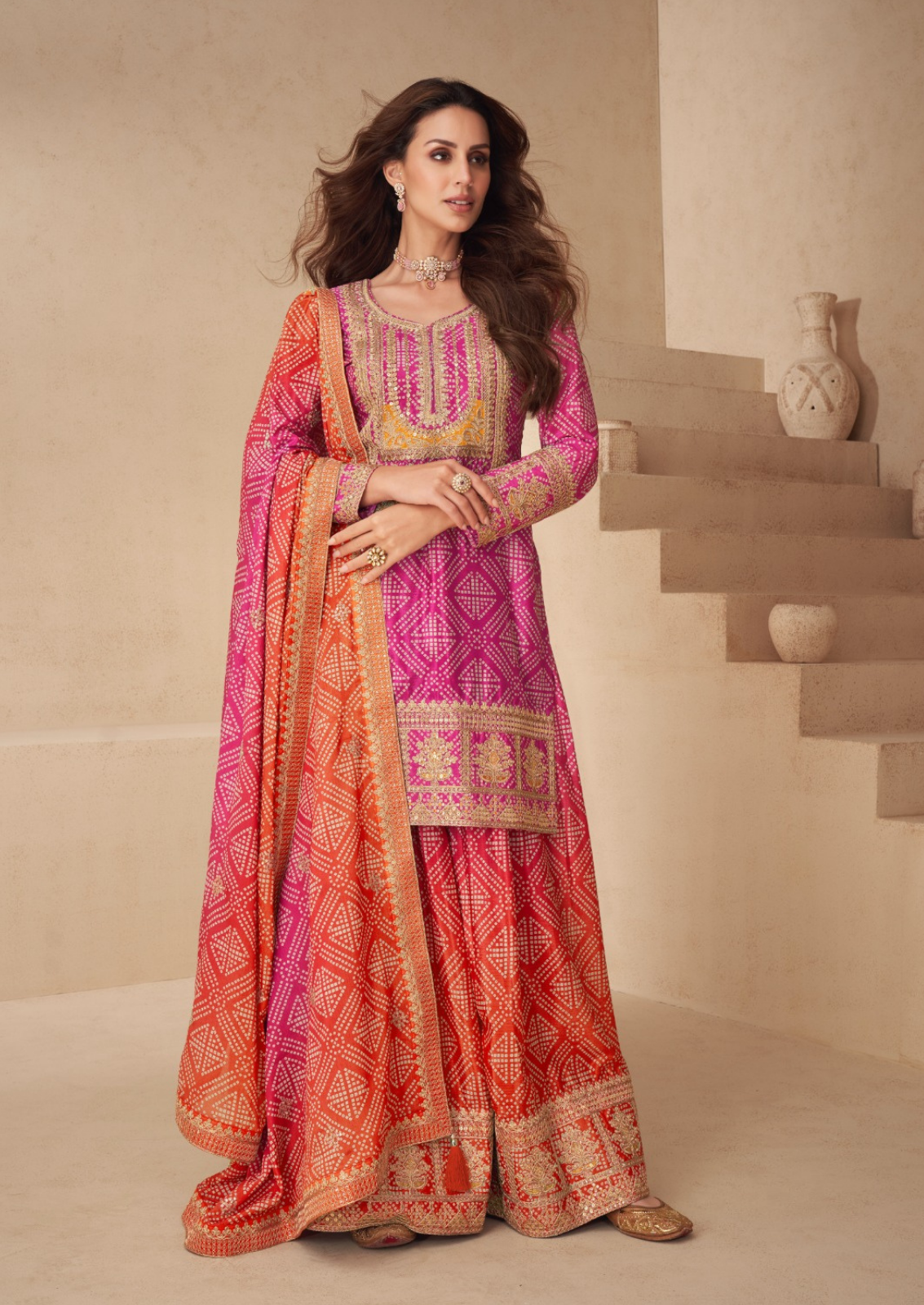 Pink Sharara Set with Golden Sequin Embroidery