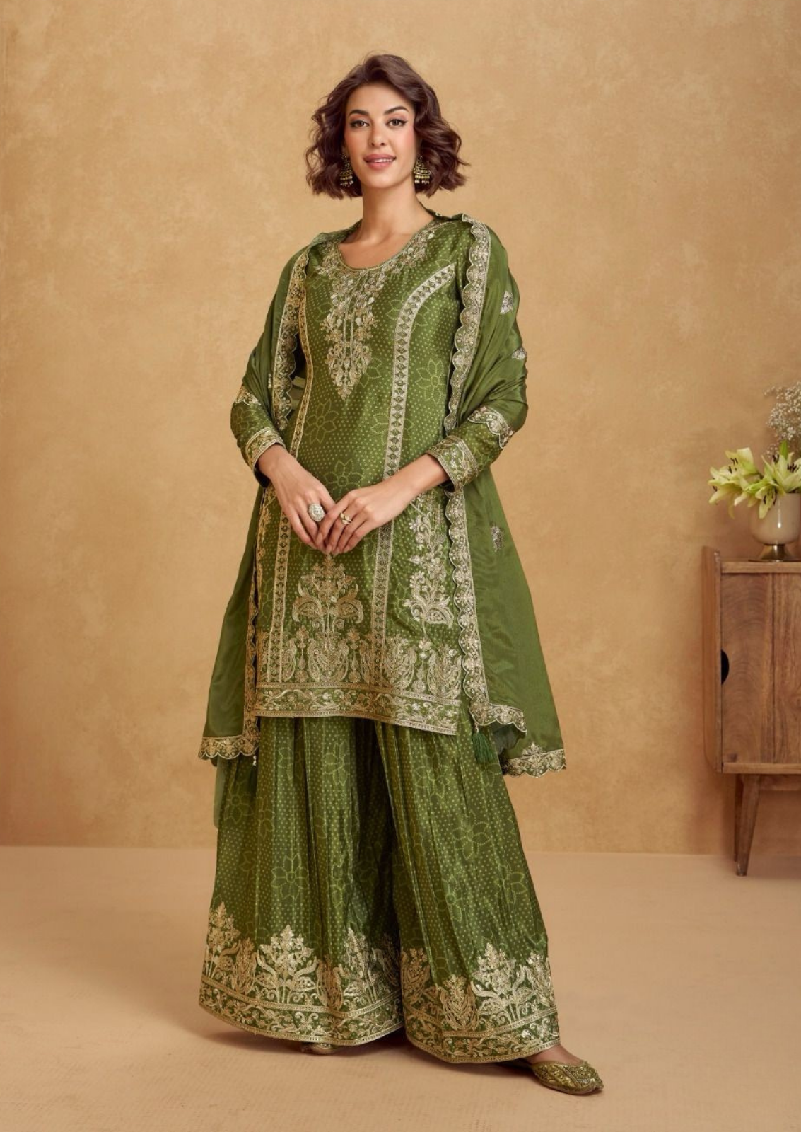 Bandini Print Sharara With Mirror Embroidery