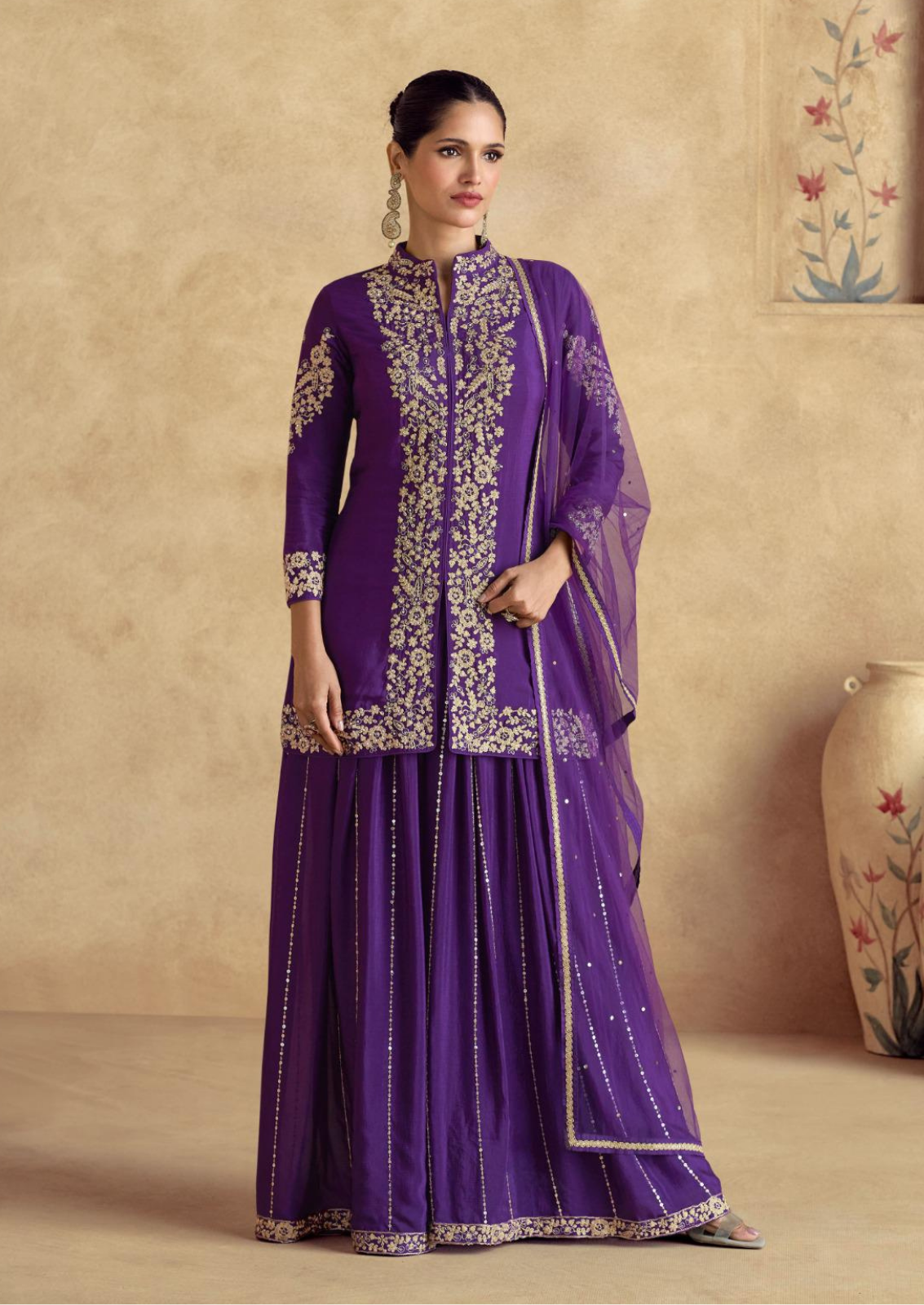 Silk Sharara Set with Golden Zari Embroidery