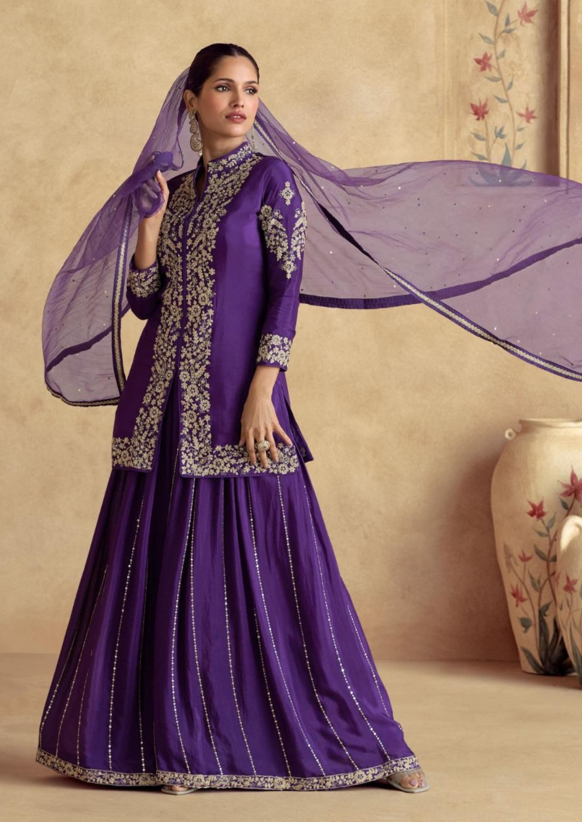 Silk Sharara Set with Golden Zari Embroidery