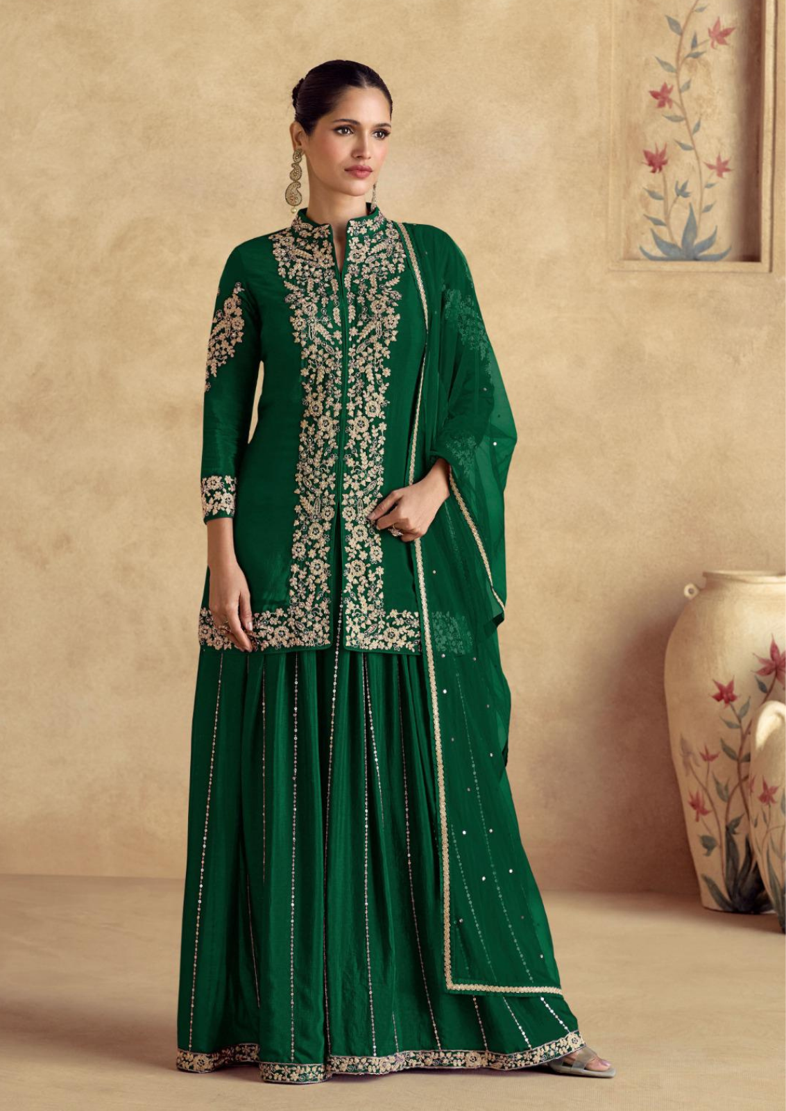 Silk Sharara Set with Golden Zari Embroidery