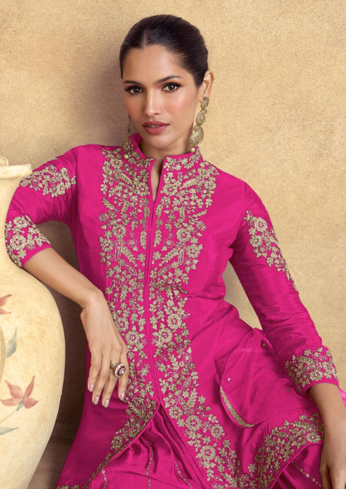 Silk Sharara Set with Golden Zari Embroidery
