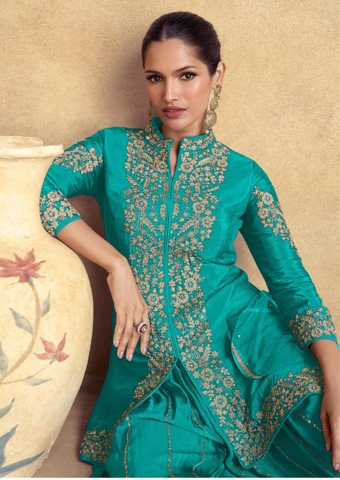Silk Sharara Set with Golden Zari Embroidery