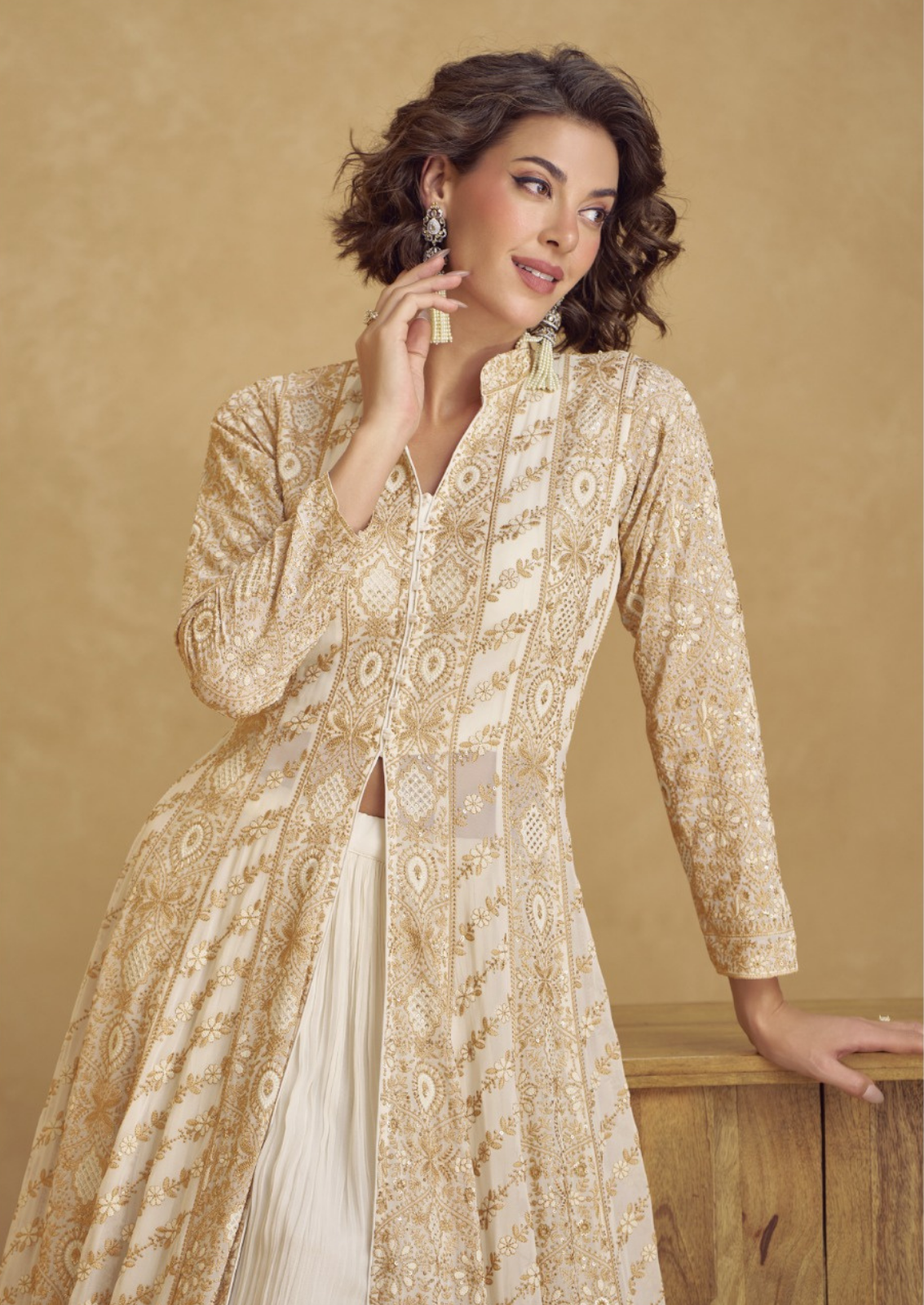 Half White Georgette Gown With Coat Style Shrug