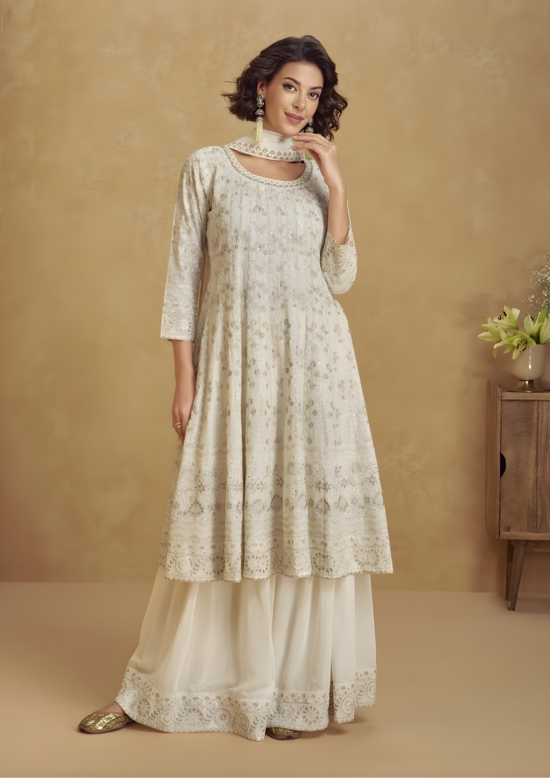 White Georgette Anarkali Set With Buta Motifs