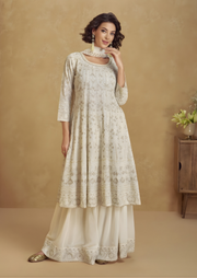 White Georgette Anarkali Set With Buta Motifs