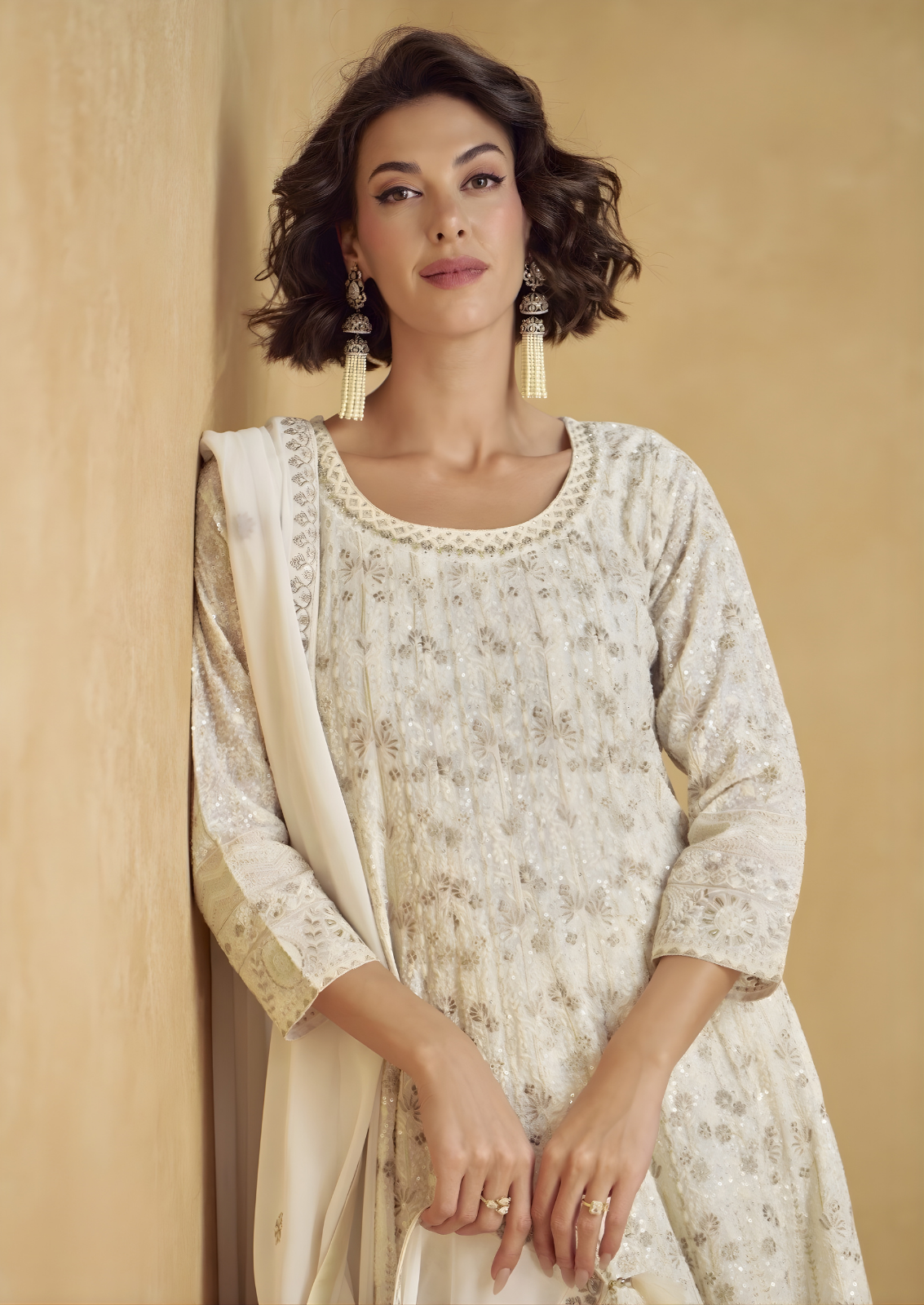 White Georgette Anarkali Set With Buta Motifs