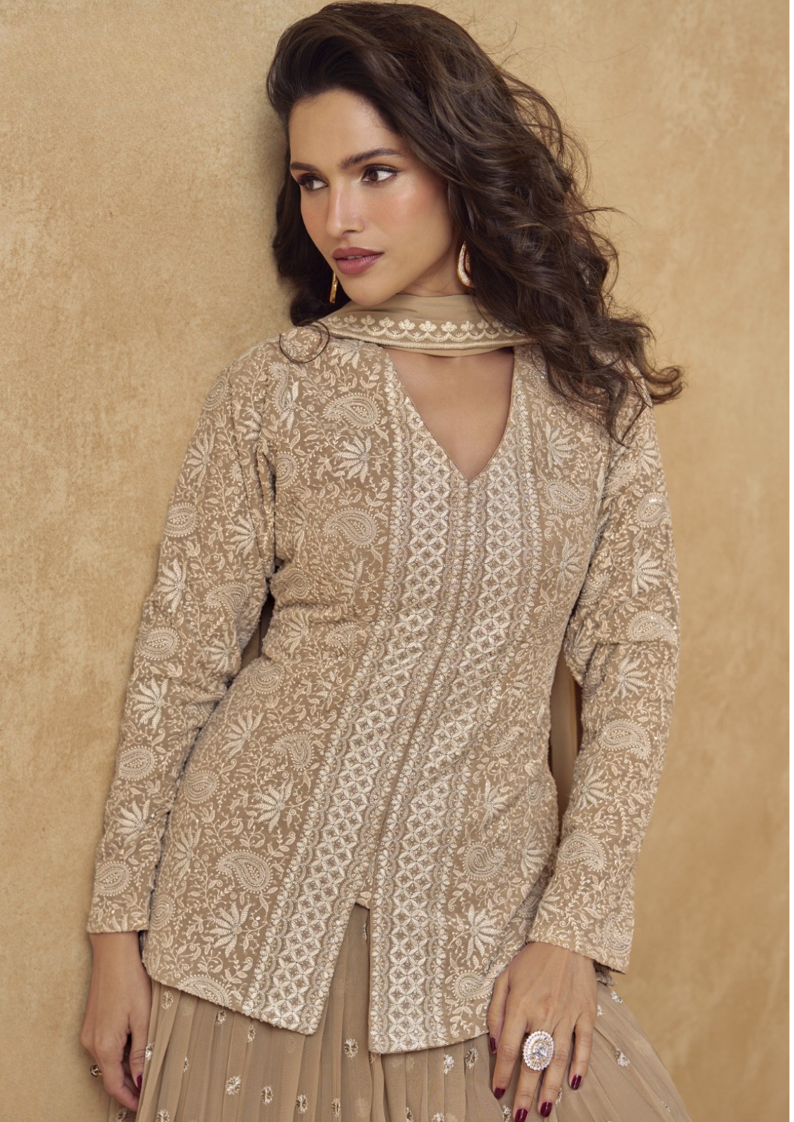 Beige Georgette Crop Top Shrug With Floor Skirt Set