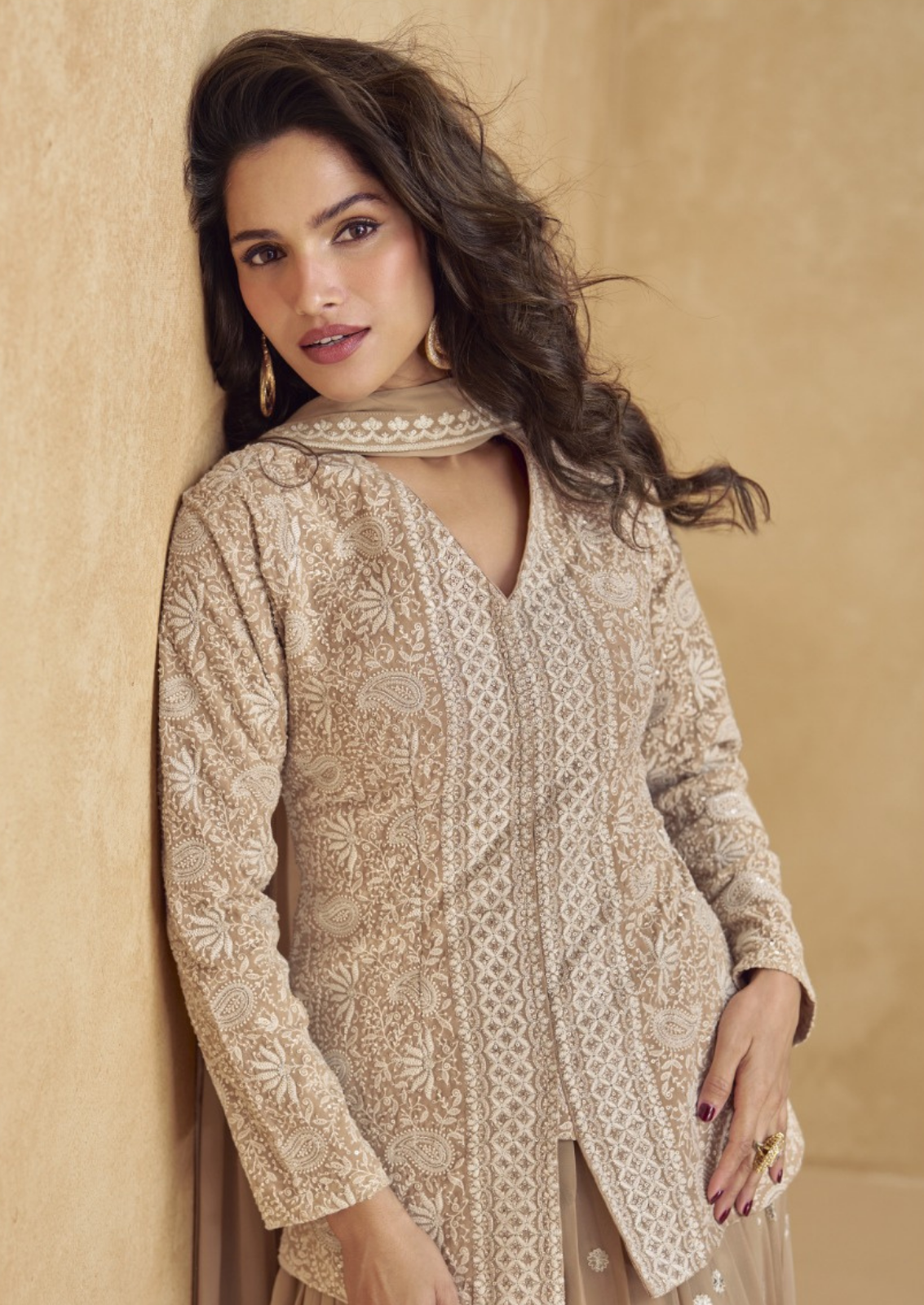Beige Georgette Crop Top Shrug With Floor Skirt Set