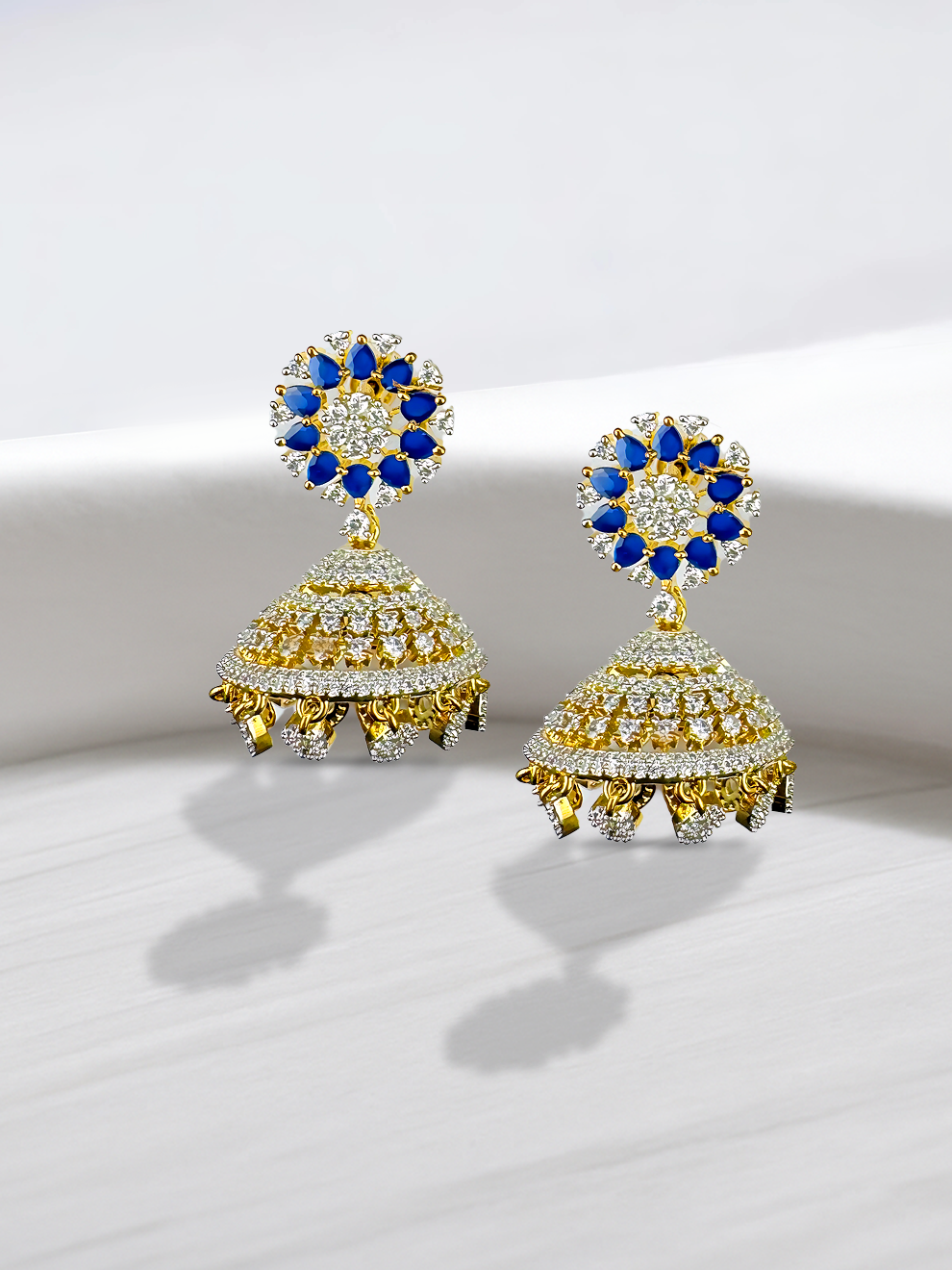 Blue Stones and  White CZ Flower jumkas
