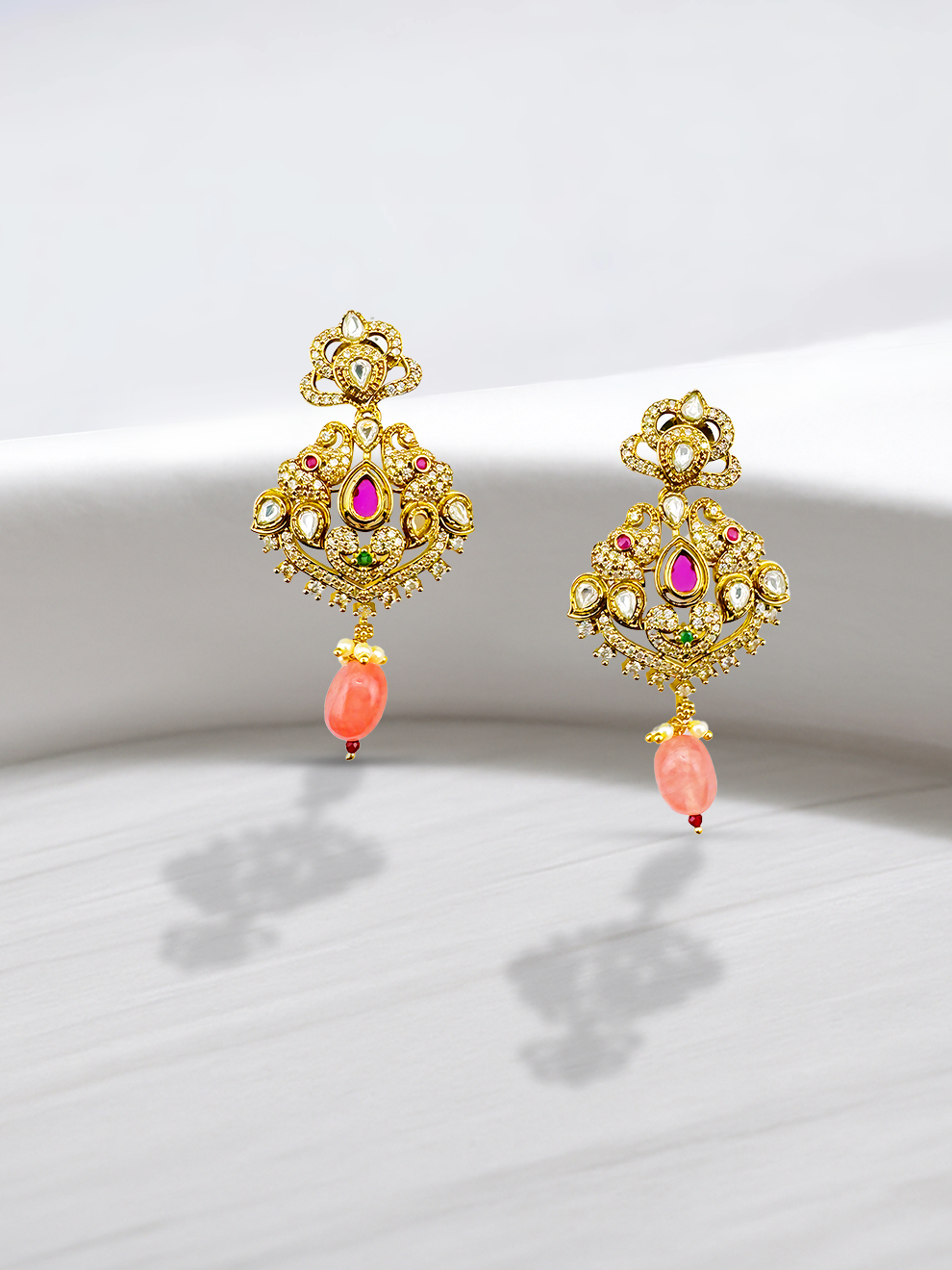 Elephant Motif Earrings with Pink Drop Stones