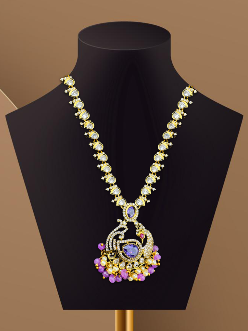White Polki Necklace Set with Peacock Pendant