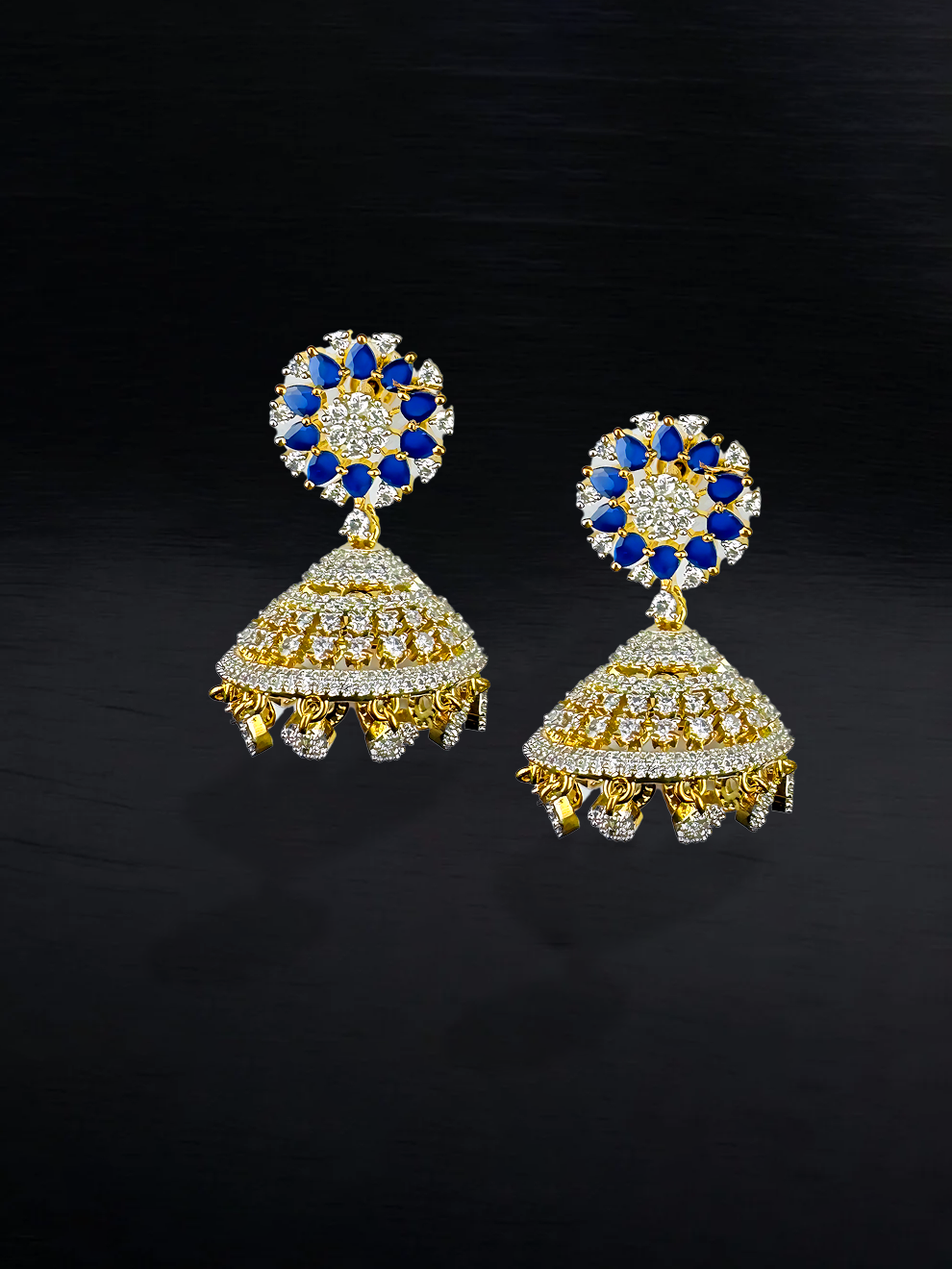 Blue Stones and  White CZ Flower jumkas