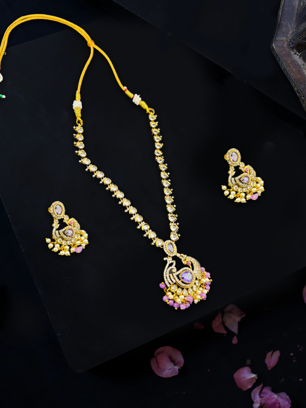 White Polki Necklace Set with Peacock Pendant