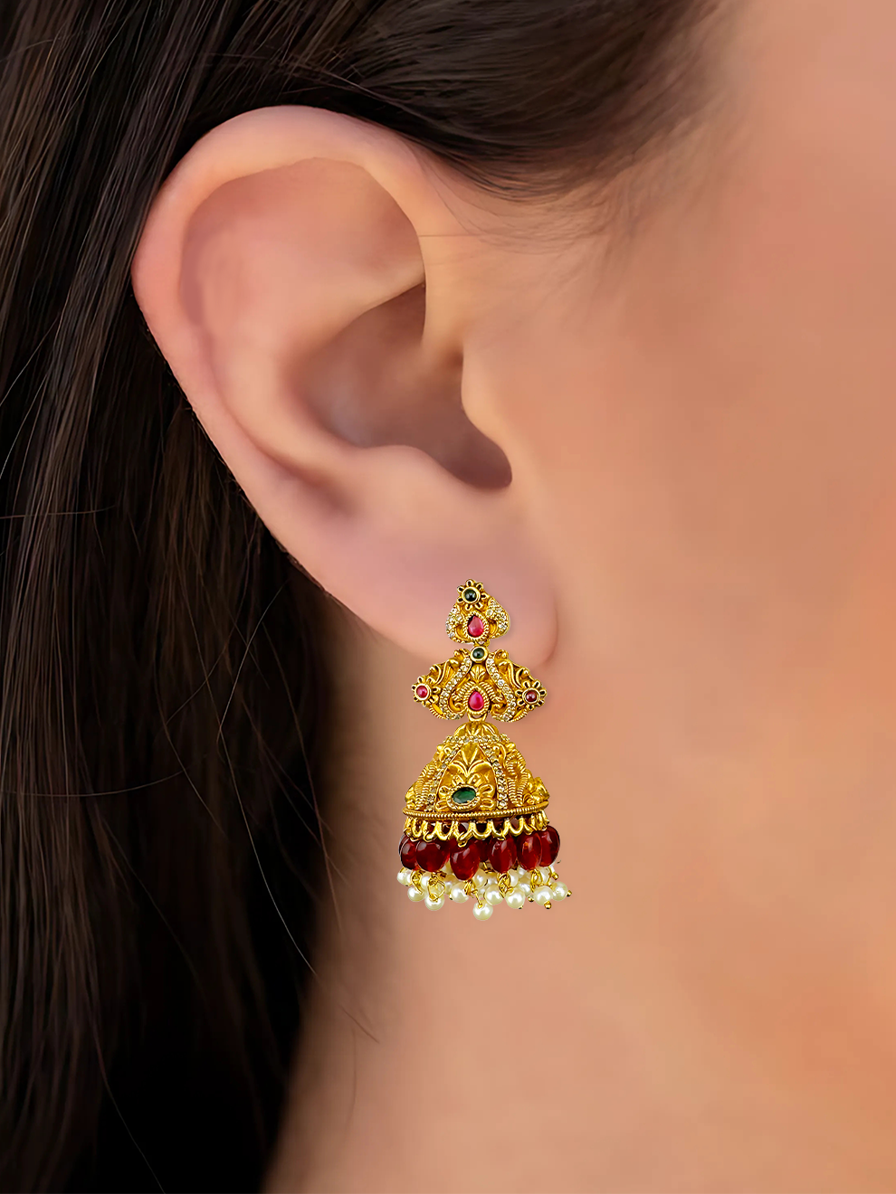 Jhumkas with CZ Accents and Red Stone Drops