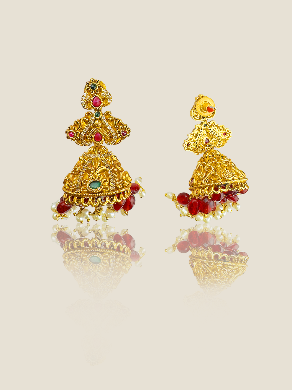Jhumkas with CZ Accents and Red Stone Drops
