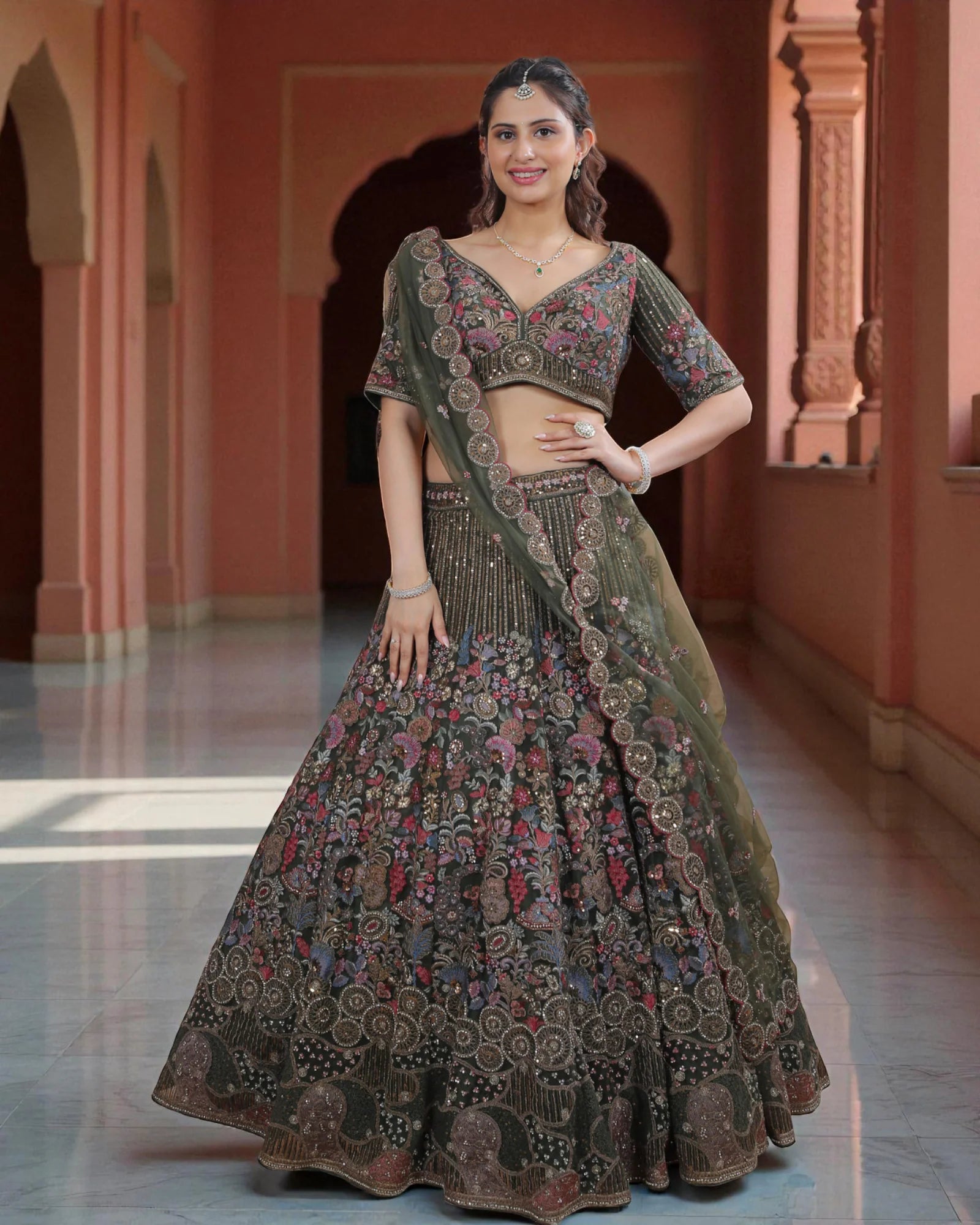 Multicolor Zari Embroidered Lehenga