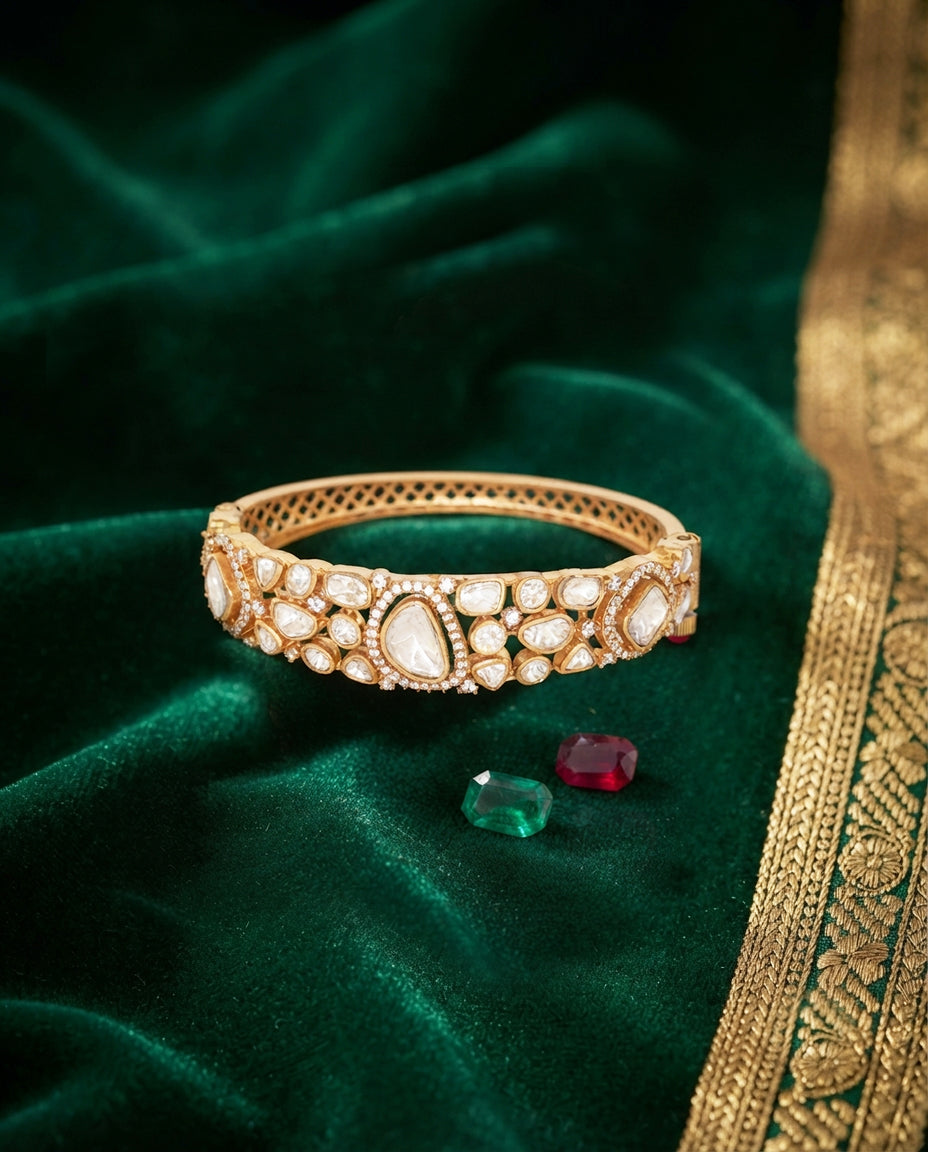 Elegant White Polki Gold Bangle – Free Size