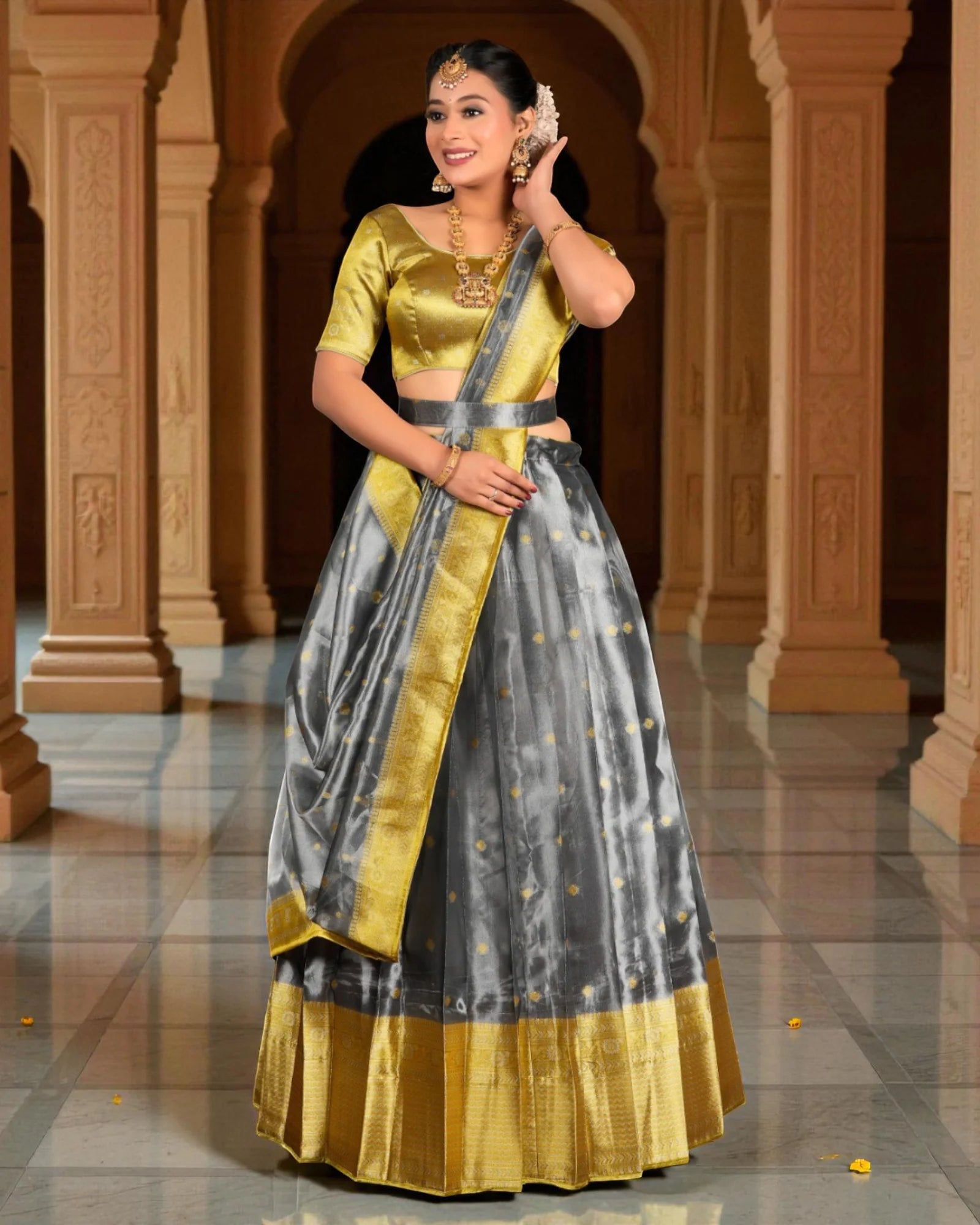 Intricate Grey Tissue Half Saree