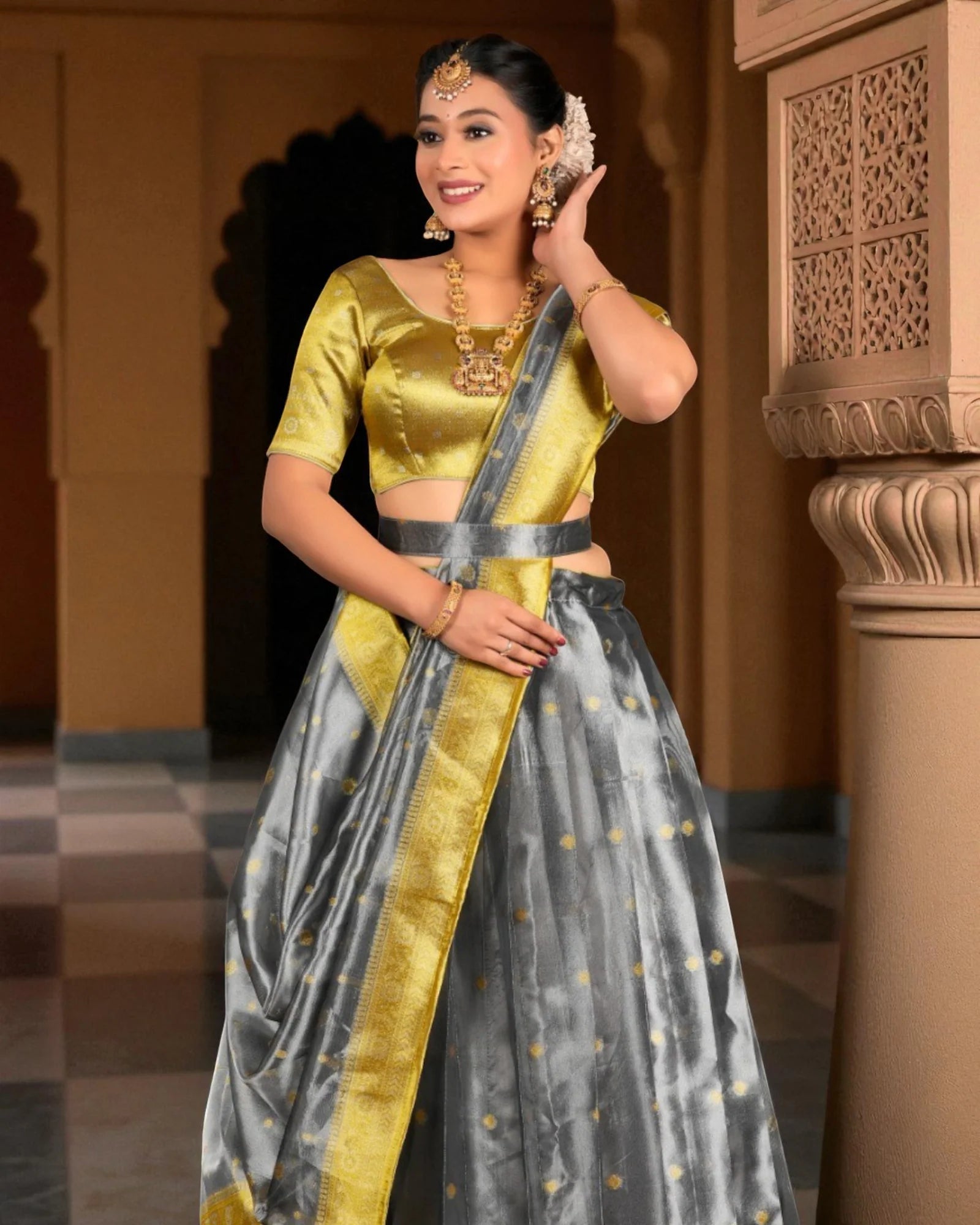 Intricate Grey Tissue Half Saree