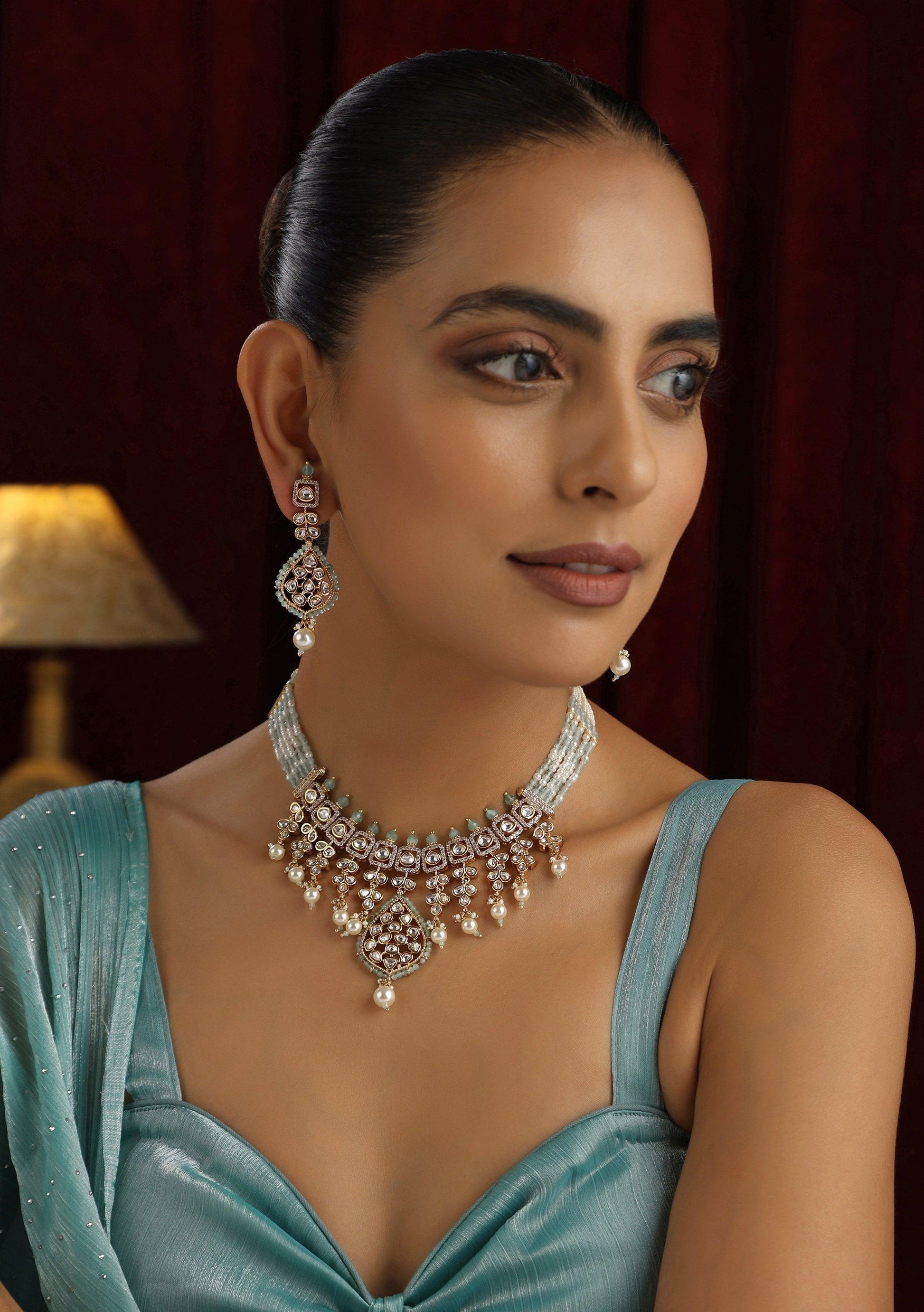 Cyan Bliss Polki Necklace set - Dyulokha