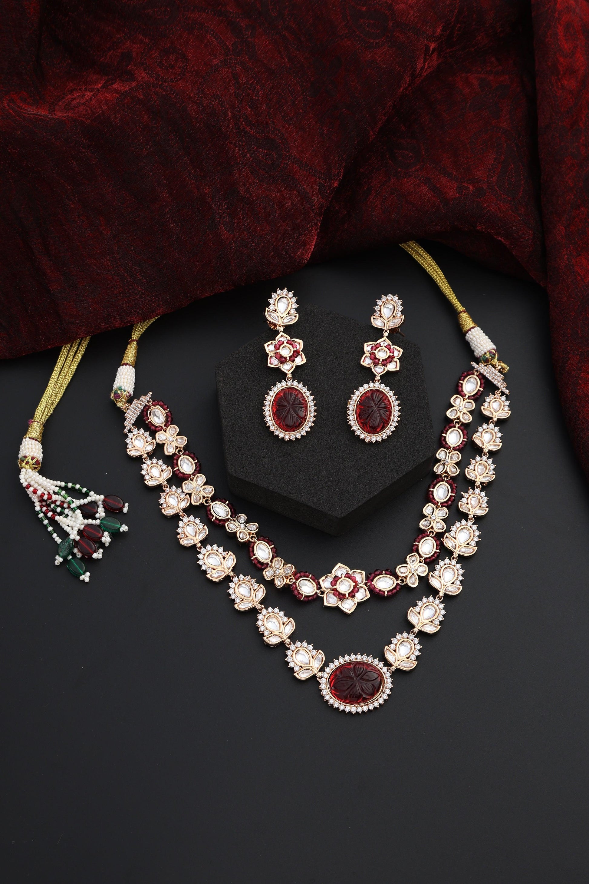Crimson layers Red Polki Necklace set - Dyulokha