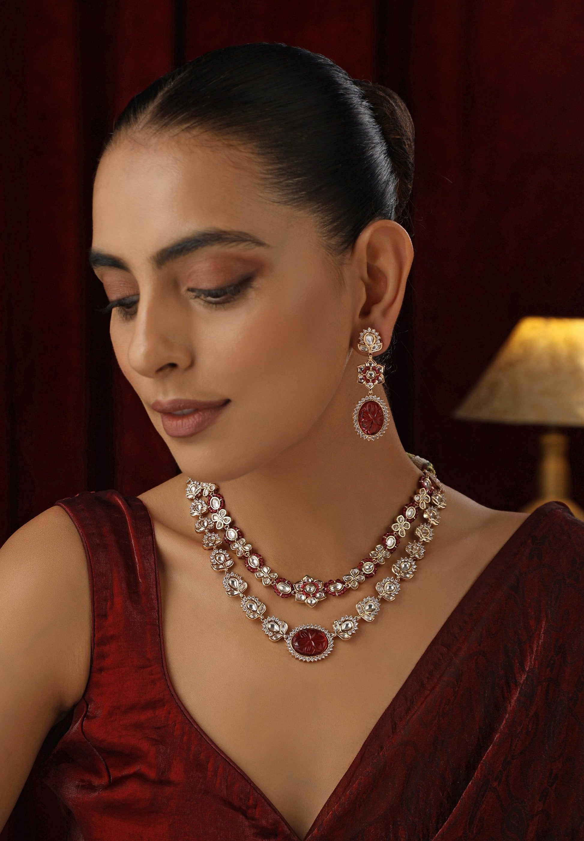 Crimson layers Red Polki Necklace set - Dyulokha