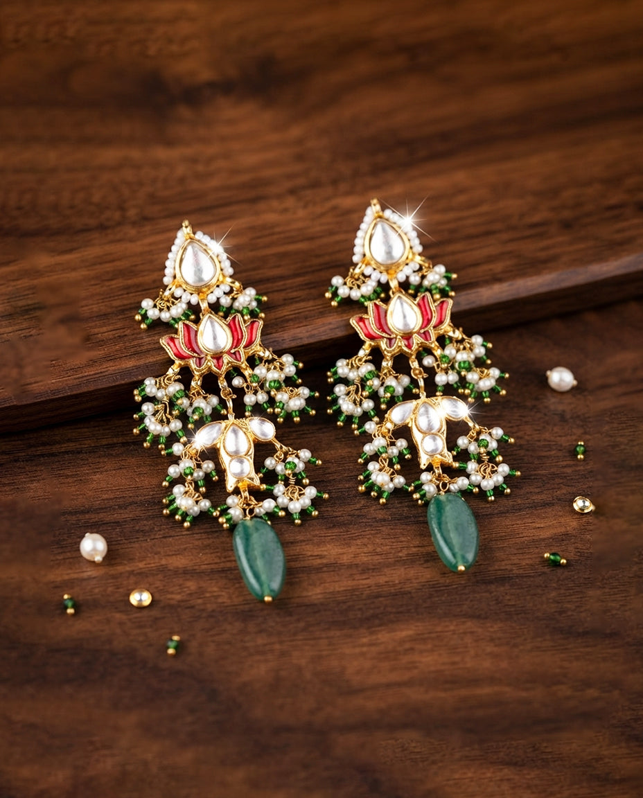 Red Lotus Kundan Pearls Earrings
