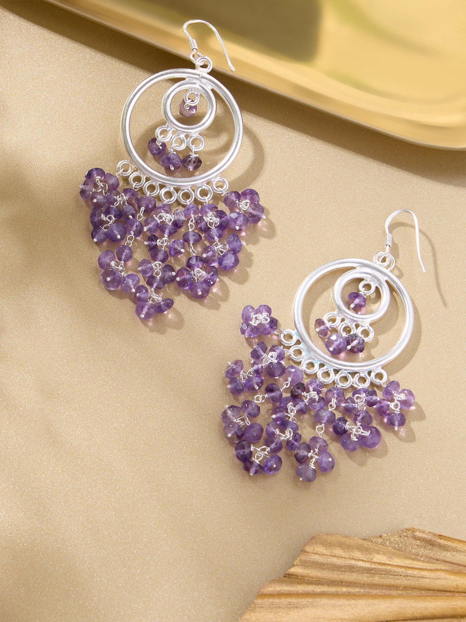 Glistening Purple Double Halo Amethyst Danglers - Dyulokha