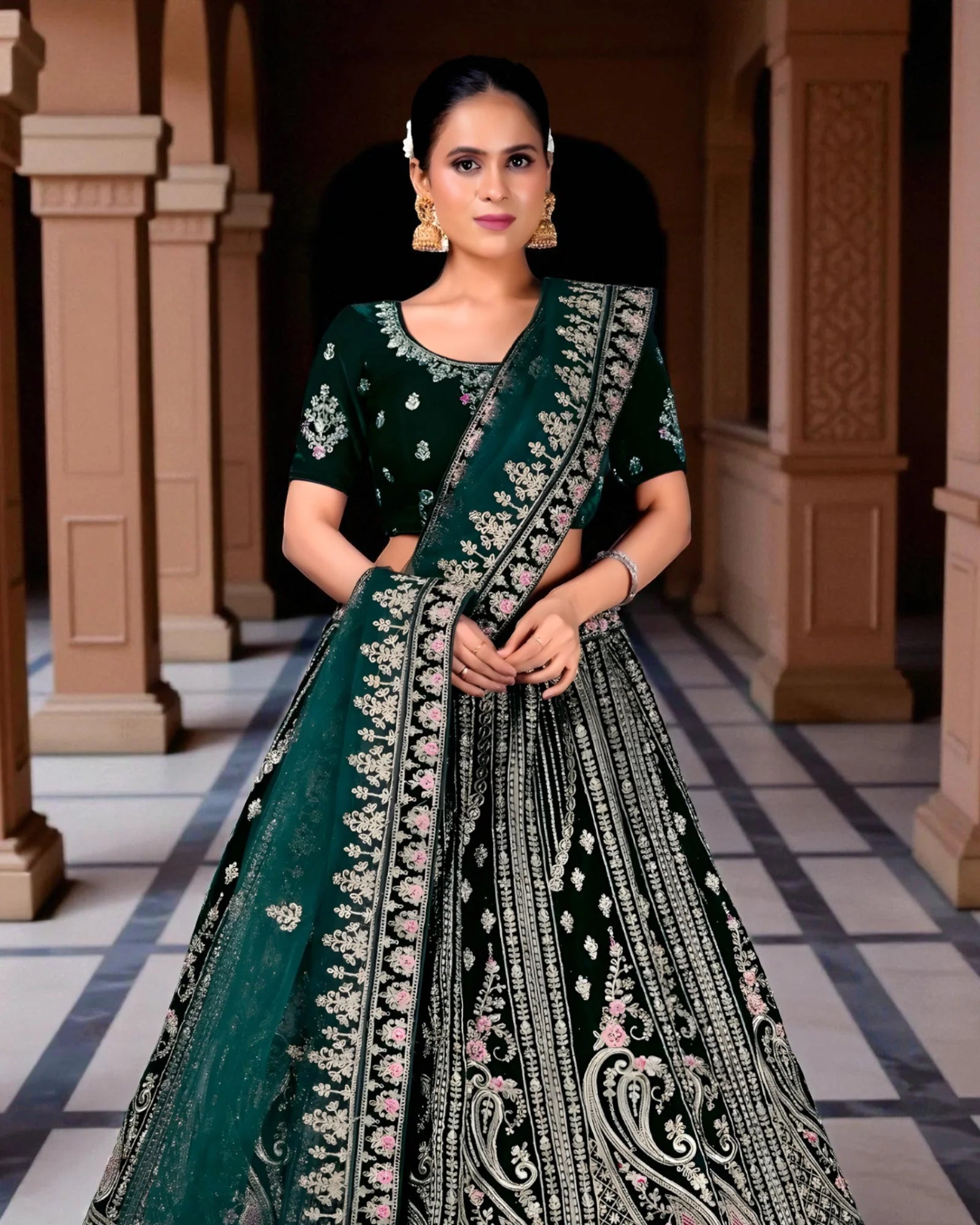 Red Velvet Embroidered Lehenga Set