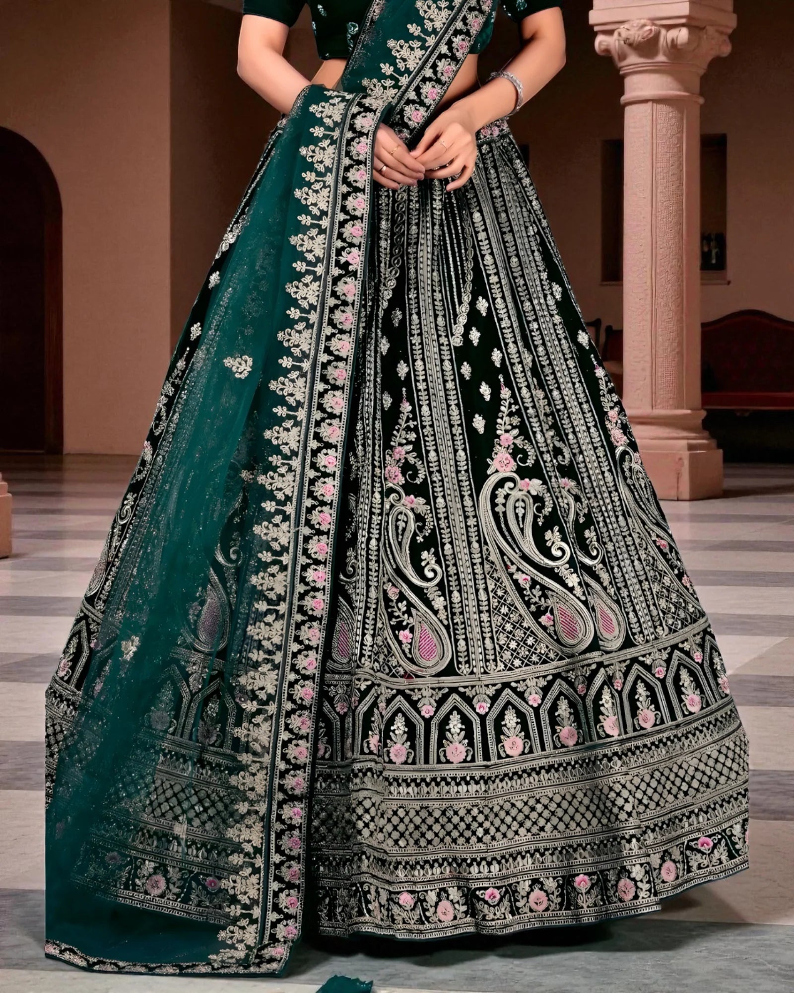 Red Velvet Embroidered Lehenga Set