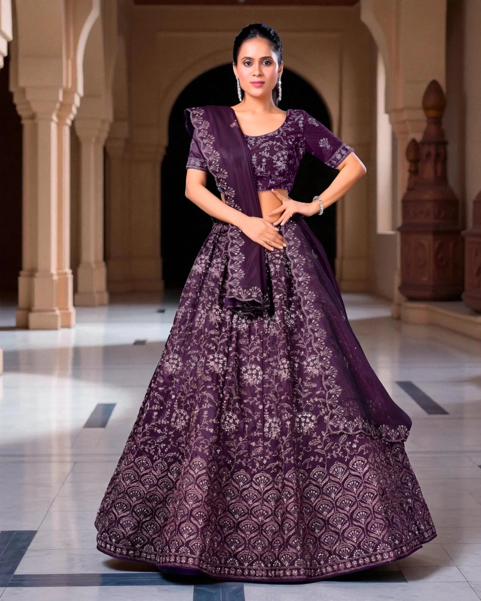 Twill Net Embroidered Lehenga Set