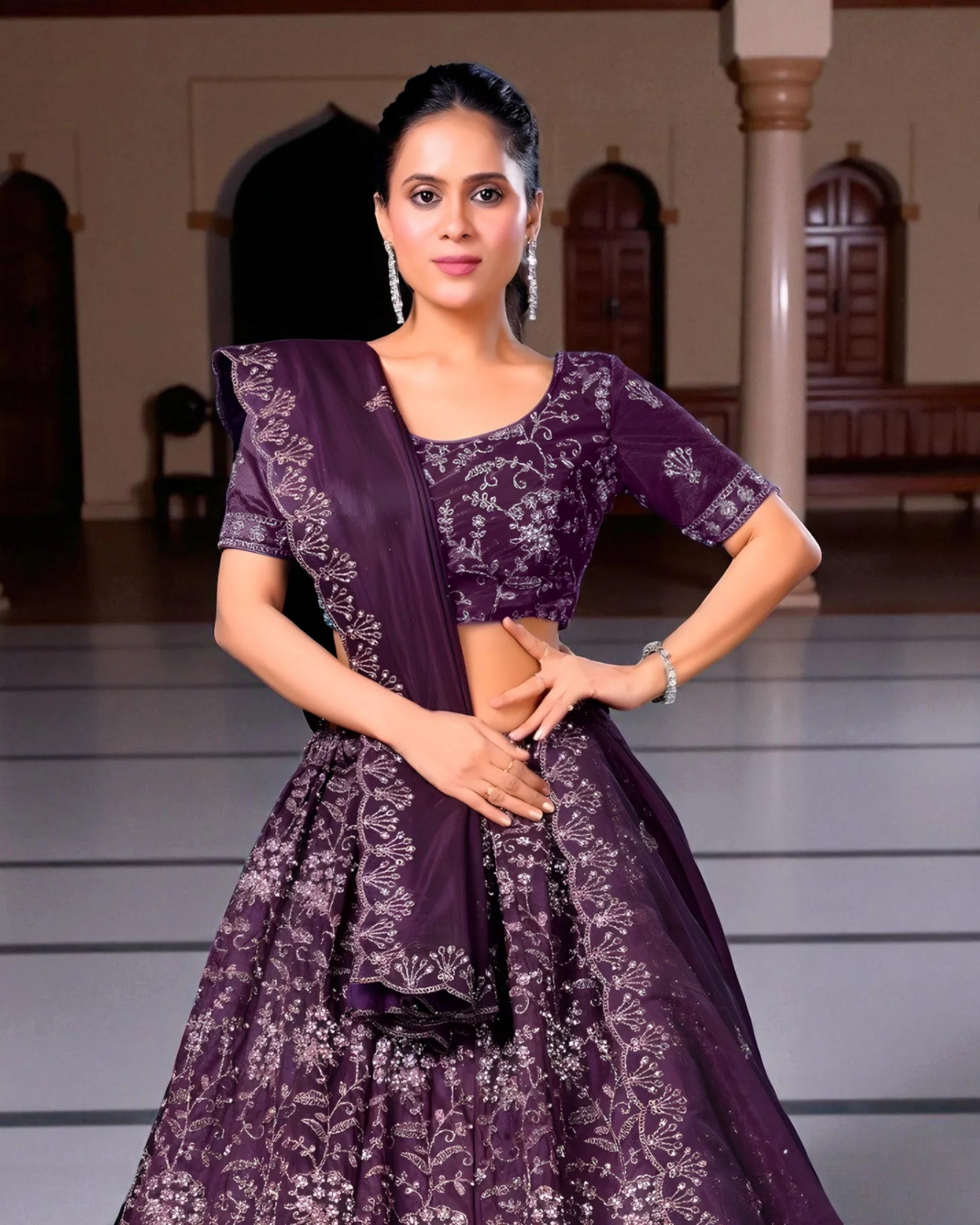 Twill Net Embroidered Lehenga Set