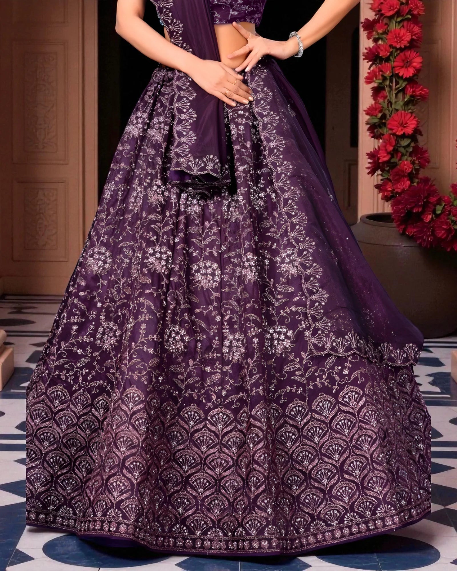 Twill Net Embroidered Lehenga Set