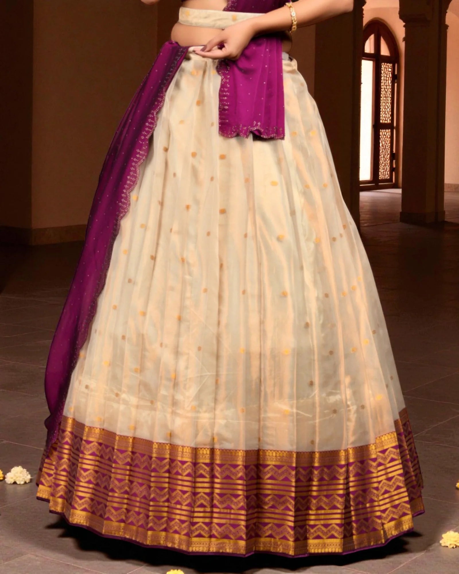 Peach Zari Half Saree With Elegant Embroidery